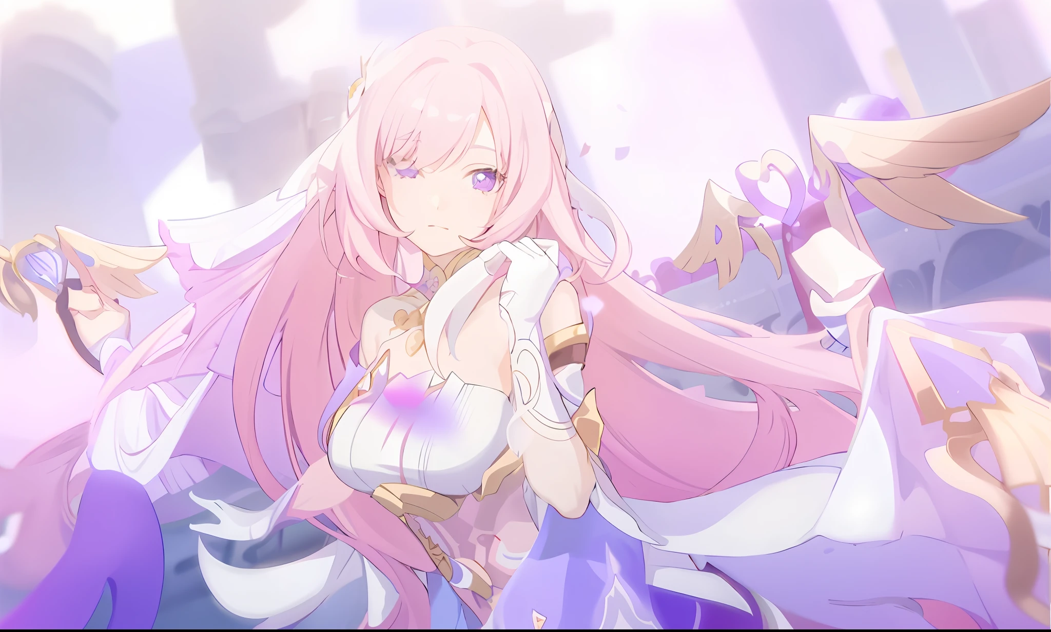 Anime girl with long pink hair and purple cape, holding mysterious purple items, in Ayaka game Genshin, rush forward with the character Nakari. Anime goddesses in shiny pink armor bring a pleasant and spectacular visual experience.