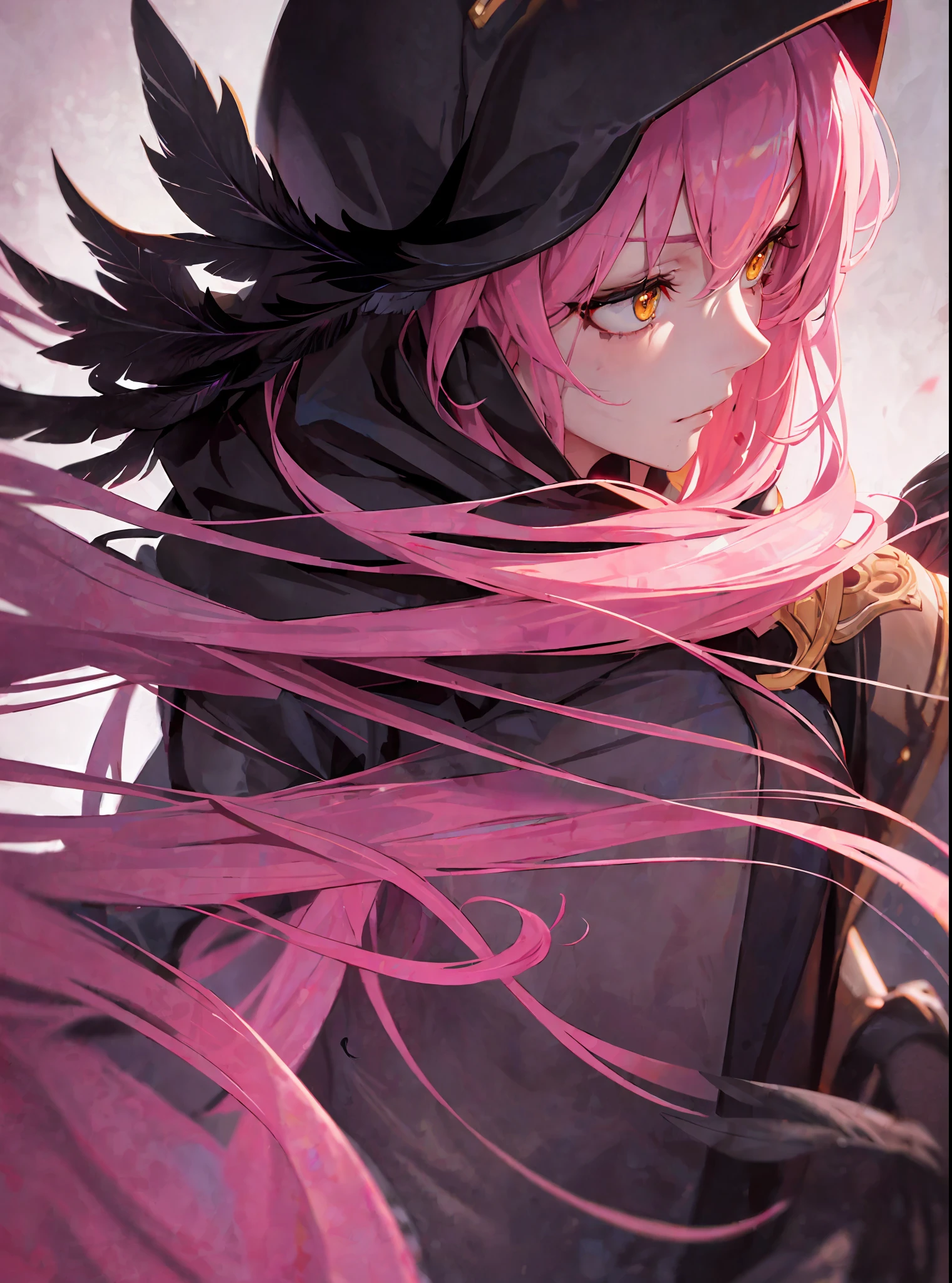 (masterpiece, best quality) an adult woman with very long pink hair, ((black feathers)), ((close-up)), cleavage, ((hood)), black ribbons, pink leather, (profile picture), black bows, bodysuit, cold look, queen, good anatomy, correct proportions, torn clothes, queen, yellow eyes, serious, mysterious appearance, blood, emotionless, straight bangs, very long pink hair, evil, (yellow eyes), gothic,  medium chest, ((show from chest to head)), cinematics, color oil painting, solo, cinematic lighting, extremely detailed face, finely detailed face, beautiful face, beautiful eyes, perfect lighting, depth of field, realistic proportions, good anatomy