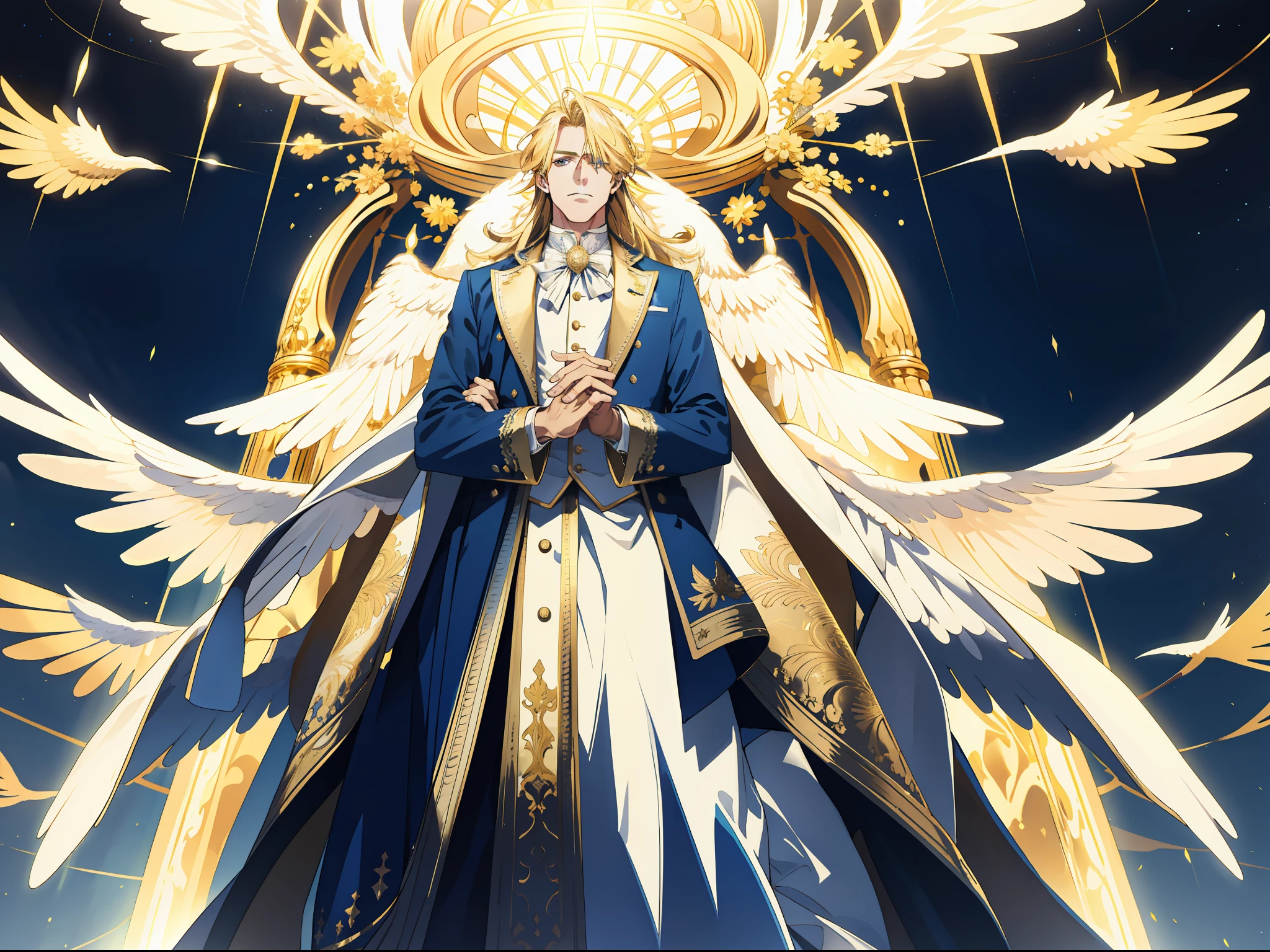 (absurd, high resolution), (panorama) (1 male), middle-aged, long blonde hair, blue and white dress, golden decoration, (tall), serious, irritated, open mouth, hands behind back, 3 pairs of huge wings, broad arms, angel descending, palace, powerful, majestic, intense luster, white-gold dress, exquisite clothes, streamers, golden magic around the whole body,