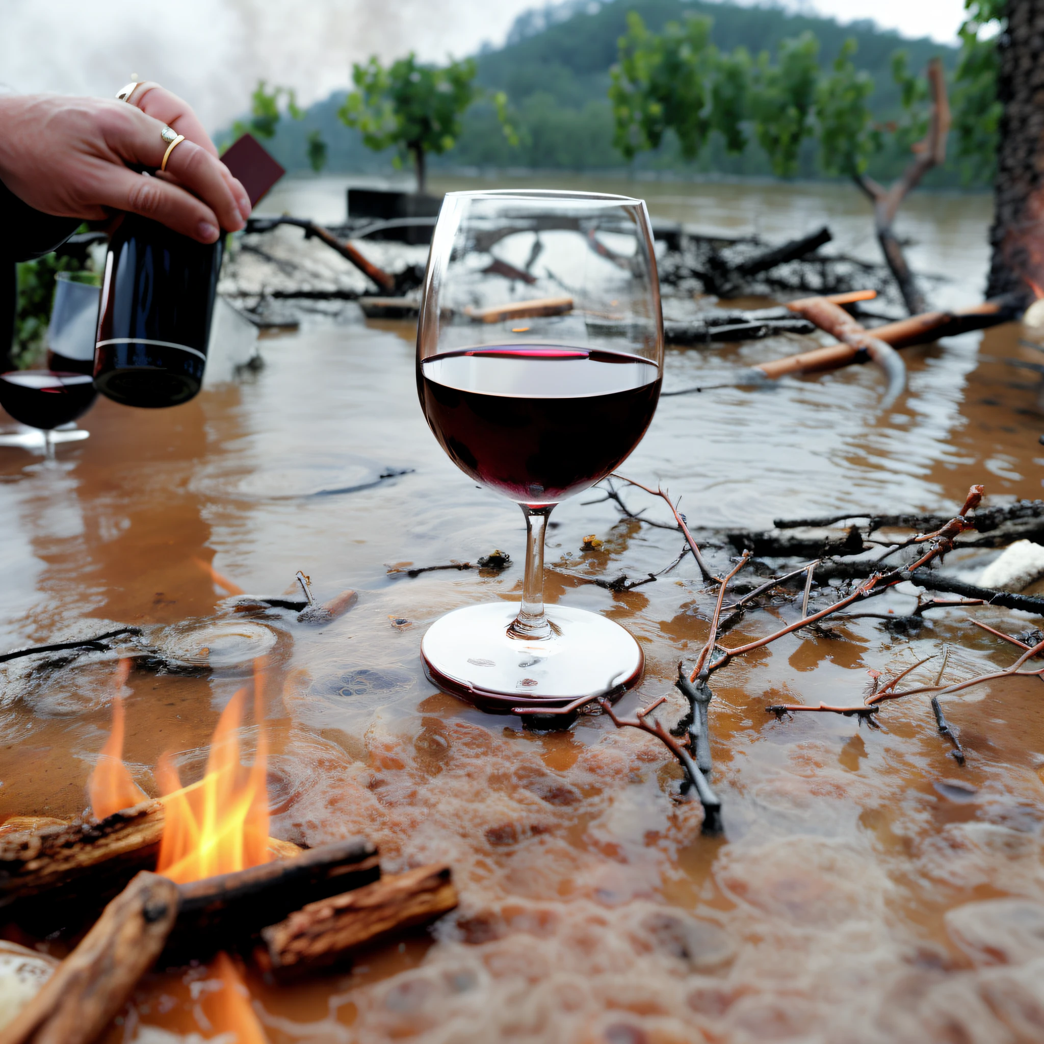 there is a glass of wine sitting on a table next to a fire, river of wine, photograph credit: ap, disaster photography, devastation, journalistic photo, by Jon Coffelt, ap news photo, ap press photo, by Alexander Fedosav, wining, an amazing photo, wine, by Boris Vladimirski, by Caroline Mytinger