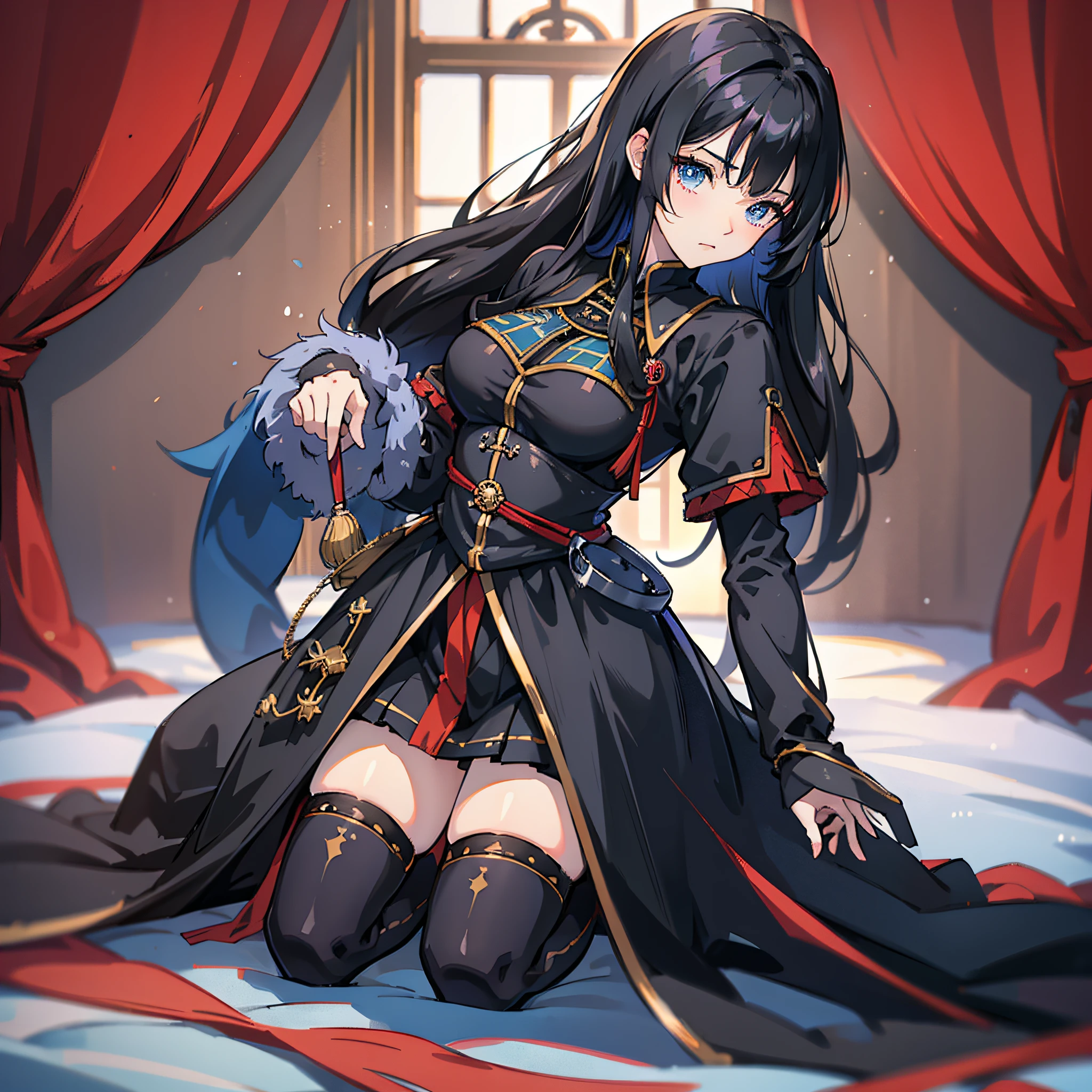 High quality, anime style, black hair, blue eyes, black silk, period costume, high cold, kneeling posture, royal sister, bangs, tight, breeze, exposed --auto --s2