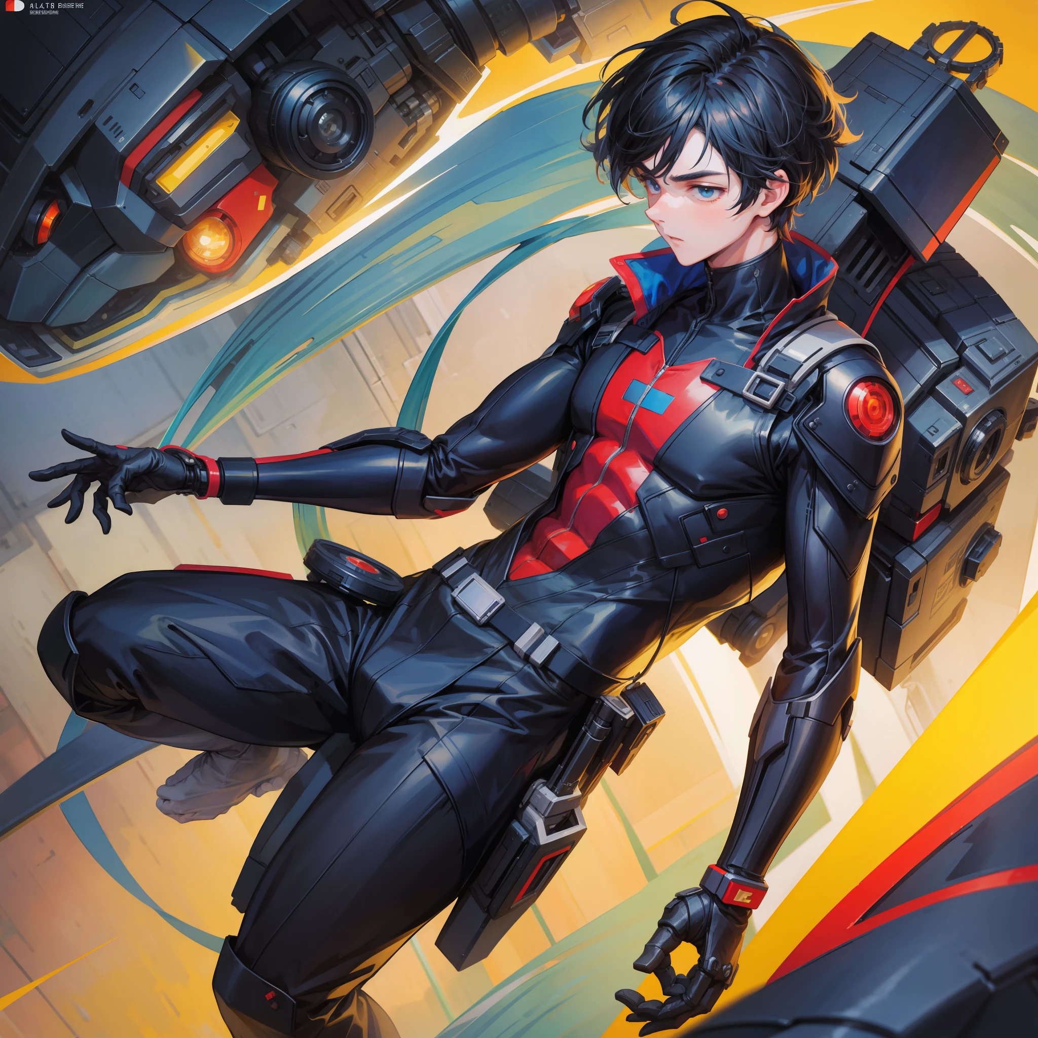 18 year old boy with a mechanical arm, black hair, pixel arts, Fujicolor, Fujicolor, anime style, 16k, 8k, 4K, best quality, UHD, masterpiece