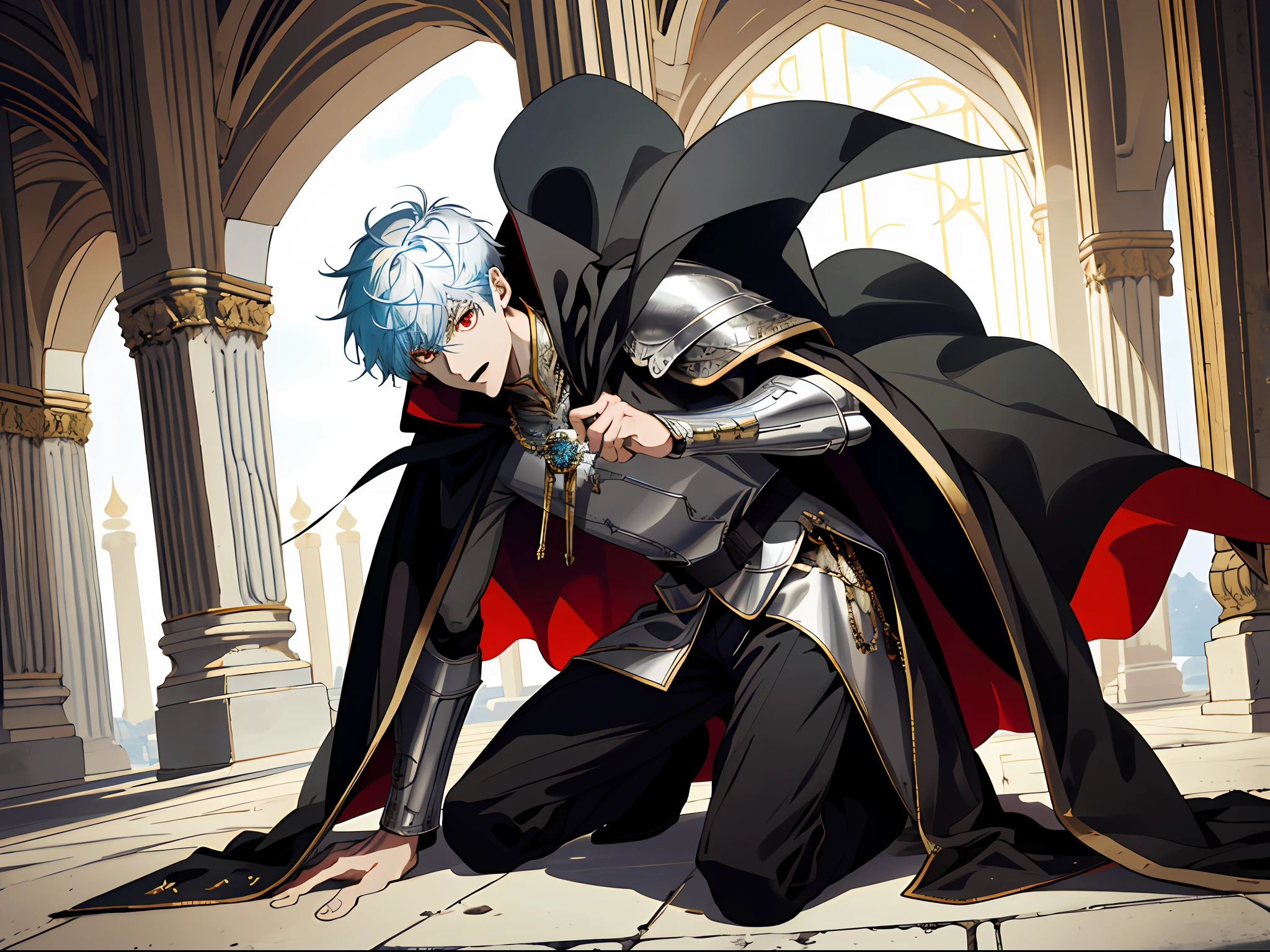 (ridiculous, high resolution, super detailed), (panorama), (1 male), tall, wearing silver armor, black cape, red eyes, evil charm, short hair on white back, medieval style, golden palace, (surprised), open mouth, (kneeling on one knee), cyan streamer, magic flowing