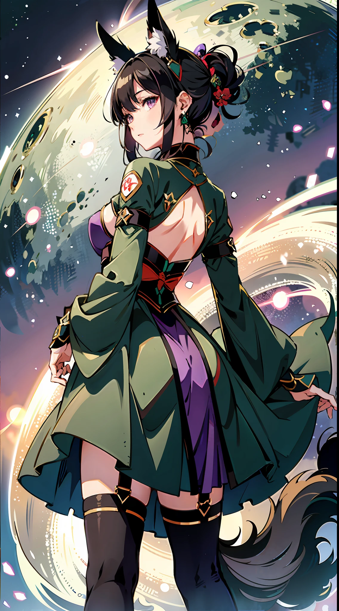 absurd res, high res, (masterpiece:1.4), ultra-detailed, girls, from rear, from below, space, floating, dark green Japanese traditional dress mixed with black, dark green + black dress, black stockings, dark green hair, violet eyes, hands out of frame, furry ears, slightly open top, fox ears, medium breasts, boobs, glassy eyes, no human ears, glassy purple,