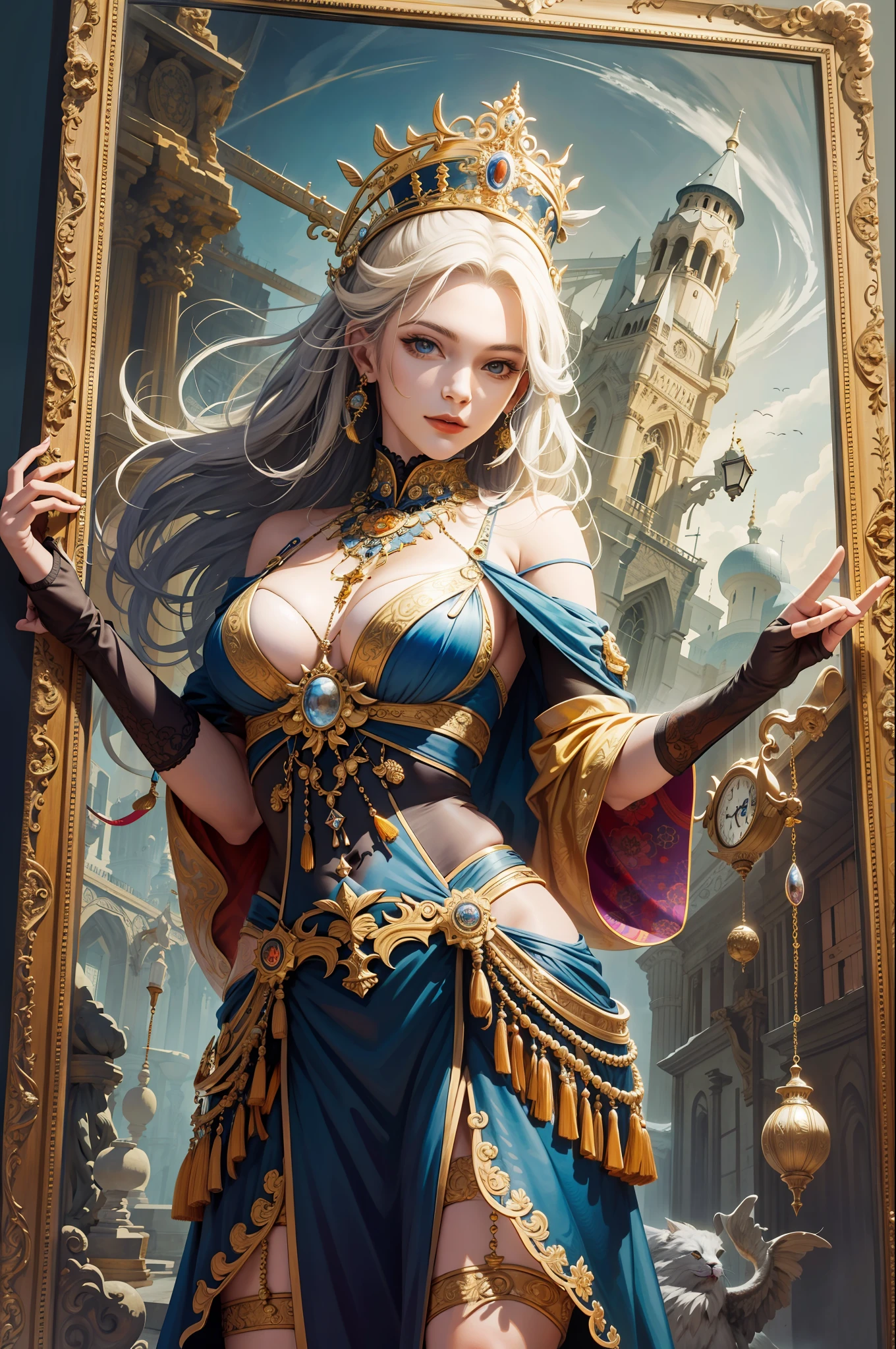 (Masterpiece, Best Quality, Best Quality, High Definition: 1.4), 18 years old, Beautiful Girl, Aristocrat, Live-action-like, Full body, Big castle, Quiet, Intricate Details, 4K, Concept Art, Painting on Ceiling, Depth, Miracle, Romanticism, James Jean, Robbie Dowi Antono, Los Tran, Francis Bacon, Michal Murats, Adrian Guyney, Mandala, High Quality, Photoreal