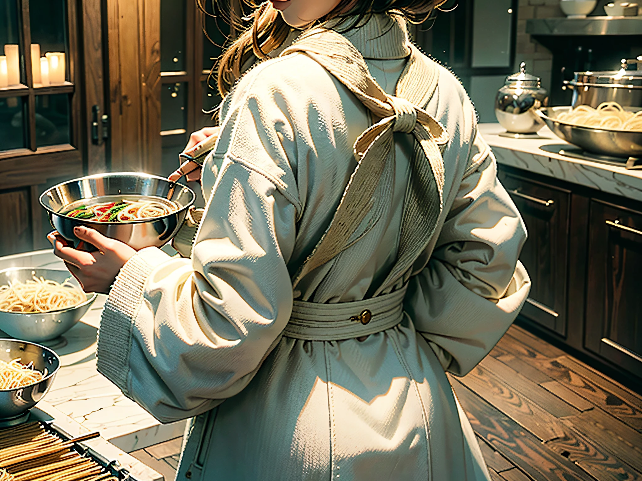 Best quality, masterpiece, woman in white cashmere jacket standing with two bowls of noodles in her hands, indoor, evening, with her back to the audience