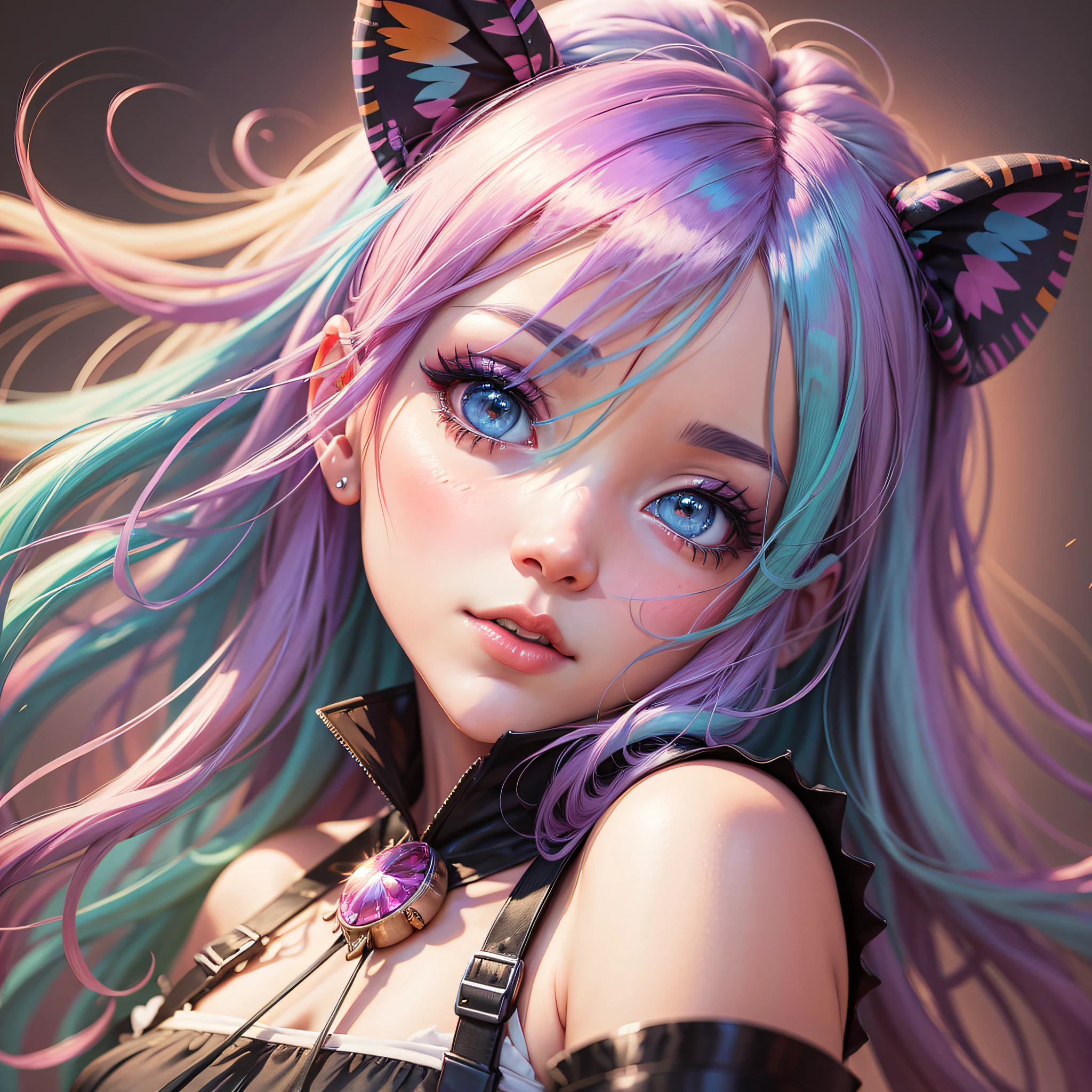 Anime girl with colorful hair and a colorful dress, RossDraw vibrant pastel, RossDraw vibrant cartoon, 4K anime style, cute anime portrait, colorful Artgerm!!!, ! Blurry and dark background, dark neutral background, dream artgerm, beautiful anime girl, anime style digital art, 4k anime art wallpaper, 4k anime art wallpaper, digital anime art, extremely detailed artgerm --auto --s2