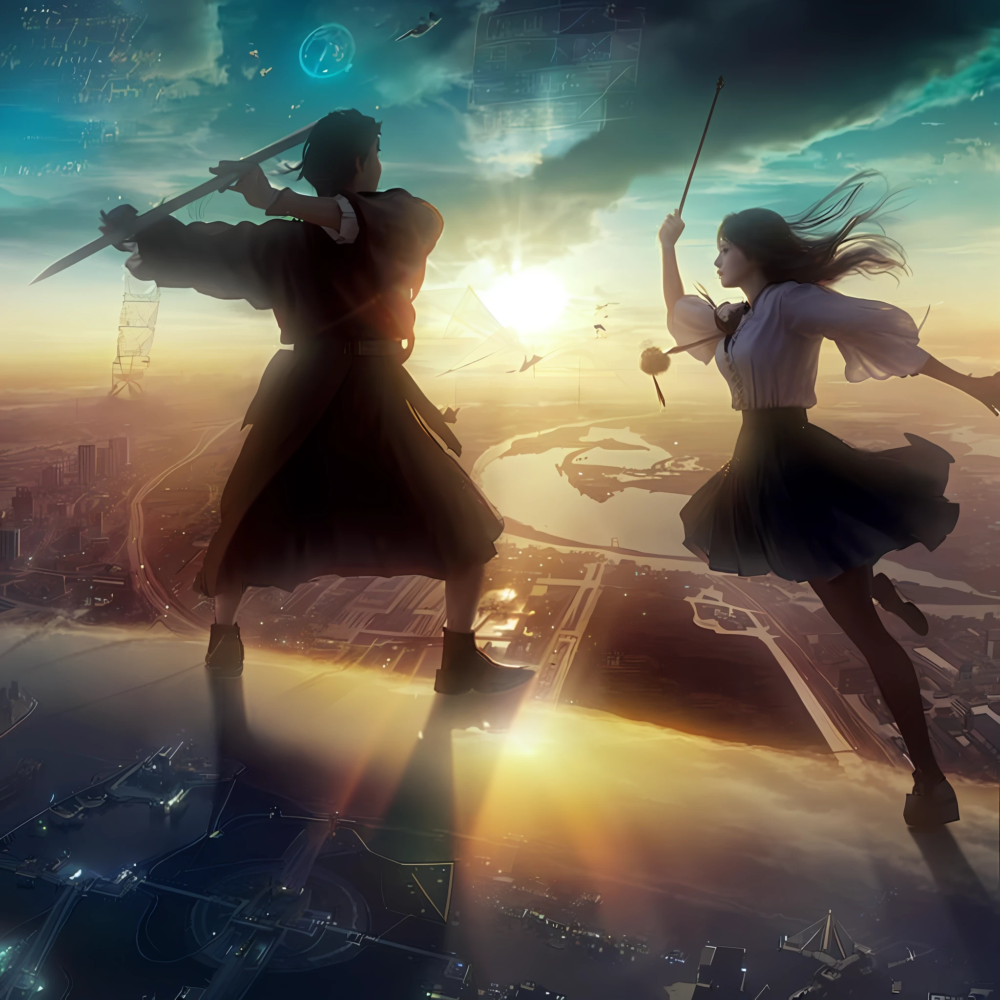 Imagine an epic scene unfolding atop a metallic airship. As the backdrop, the bustling city of Tokyo, skyscrapers reaching towards the heavens. Standing on the deck is a Japanese young girl, aged 20, donned in Gothic Lolita a white blouse and black skirt. In her hand, she wields a violin bow, brandishing it like a sword. Her body language is full of dynamism, as if she’s charging forward, fearlessly making her stand.
Across from her stands Leonardo da Vinci, a figure of the Renaissance period. He is garbed in traditional Italian Renaissance attire, holding a large bow, poised to counter her attacks.
The air around them is alive with luminescent equations and mathematical graphs, hovering like augmented reality symbols, adding a technological and mystical flair to the scene. These equations and graphs glow, creating optical spatial effects that add another layer of complexity to the image.
The setting sun paints the sky with hues of crimson and gold, casting long shadows and bathing the subjects in a warm glow. The river below reflects the same sunset, creating a breathtaking mirror image. Majestic clouds stretch across the skyline, further enhancing the grandeur of the scene.
The evening light illuminates both the woman and Leonardo, highlighting their intense duel atop the airship. The sun’s rays create an atmosphere of high drama and intensity, each moment captured in the golden hour. The professional lighting highlights her glossy skin and the high-quality rendering