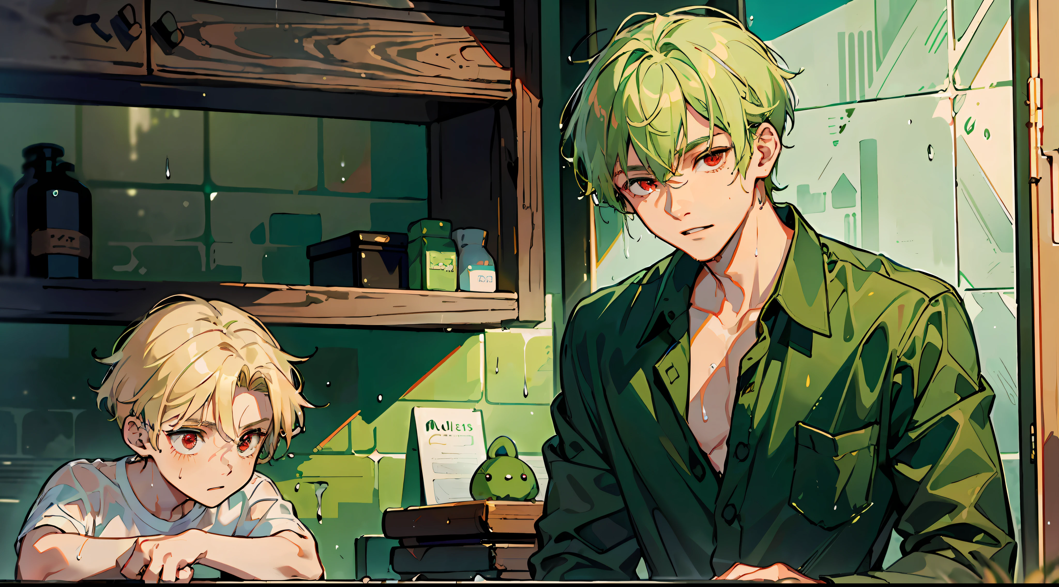 (Masterpiece: 1.4, top quality), two boys, (Wet shirt with cute young man and green hair and big eyes: 1.2), (Wet shirt with cool young man and very short blond hair and red eyes: 1.2), rain