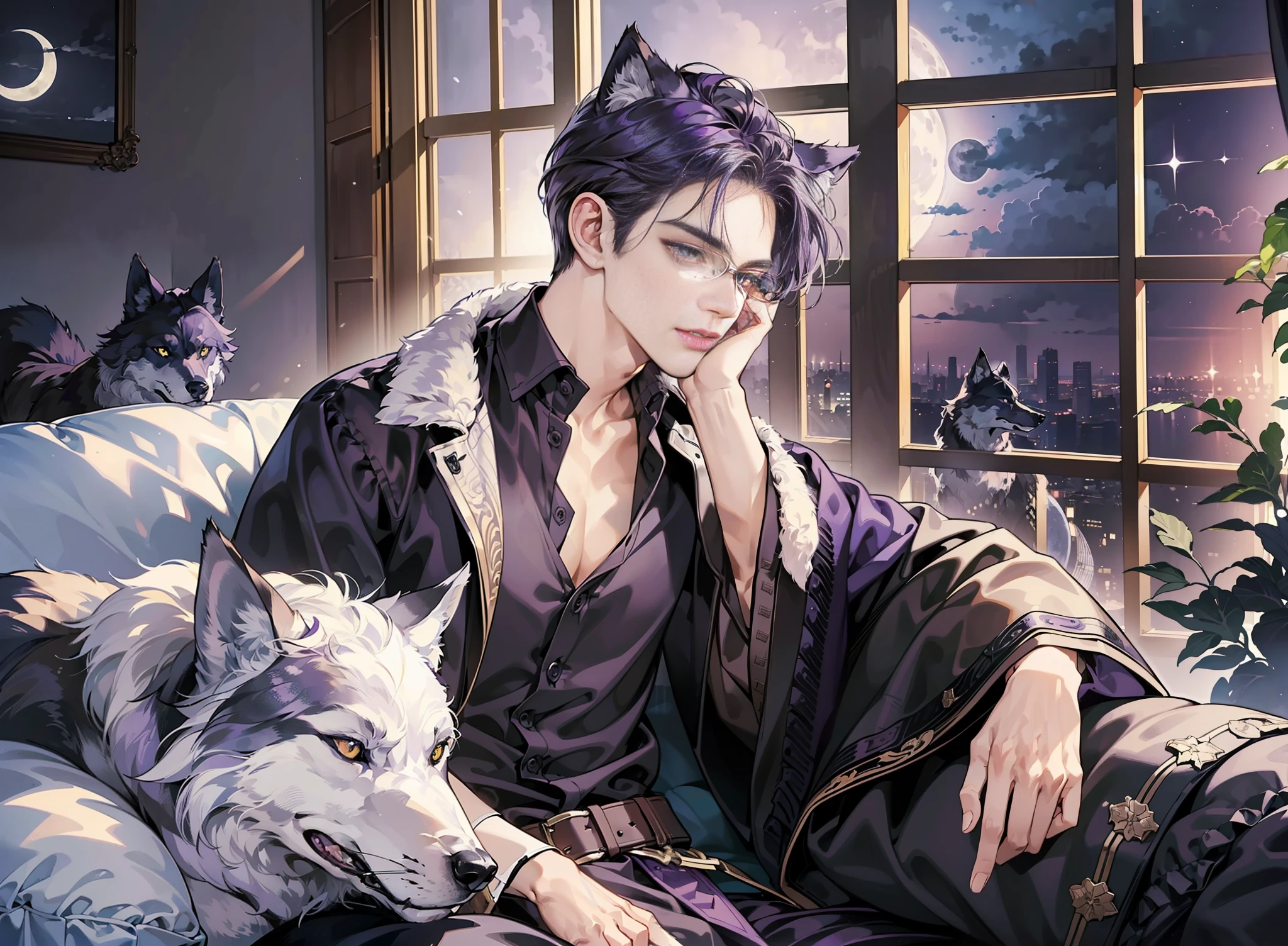 (Dark room, man with dark purple hair, relaxing with a large black wolf on the sofa by the window, :1.5), (masterpiece, top quality, best quality, beautiful illustration, official art,wide angle, beautiful and aesthetic,1 man,:1.5),bathrobe, Bottle of liquor, glass, masterpiece background Midnight, darkness, dark room, dark tone, stylish living room, Moonlight, (only moonlight: 1.5), invincible smile, bewitching, wolf