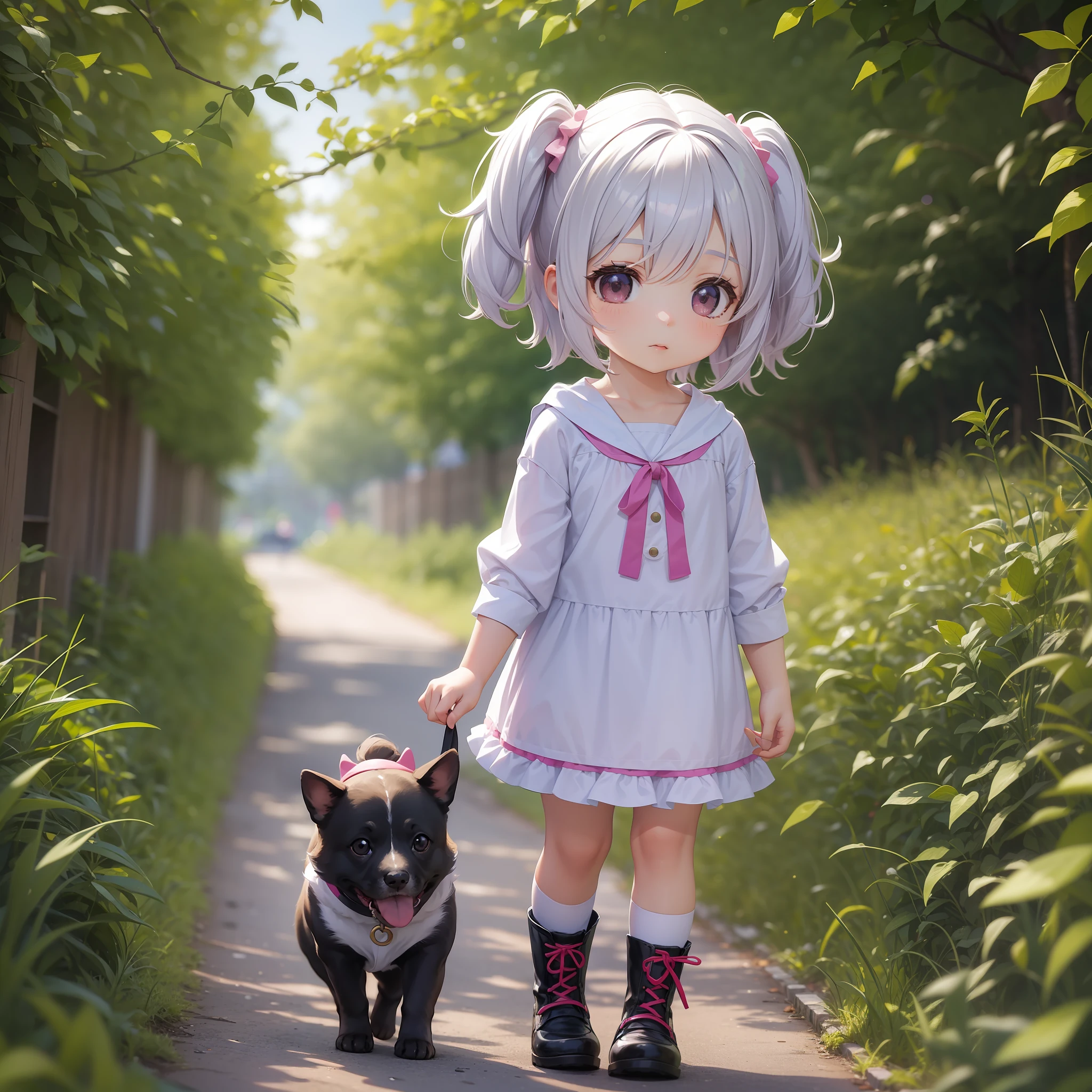 a character chibi little girl walking her puppy outfit