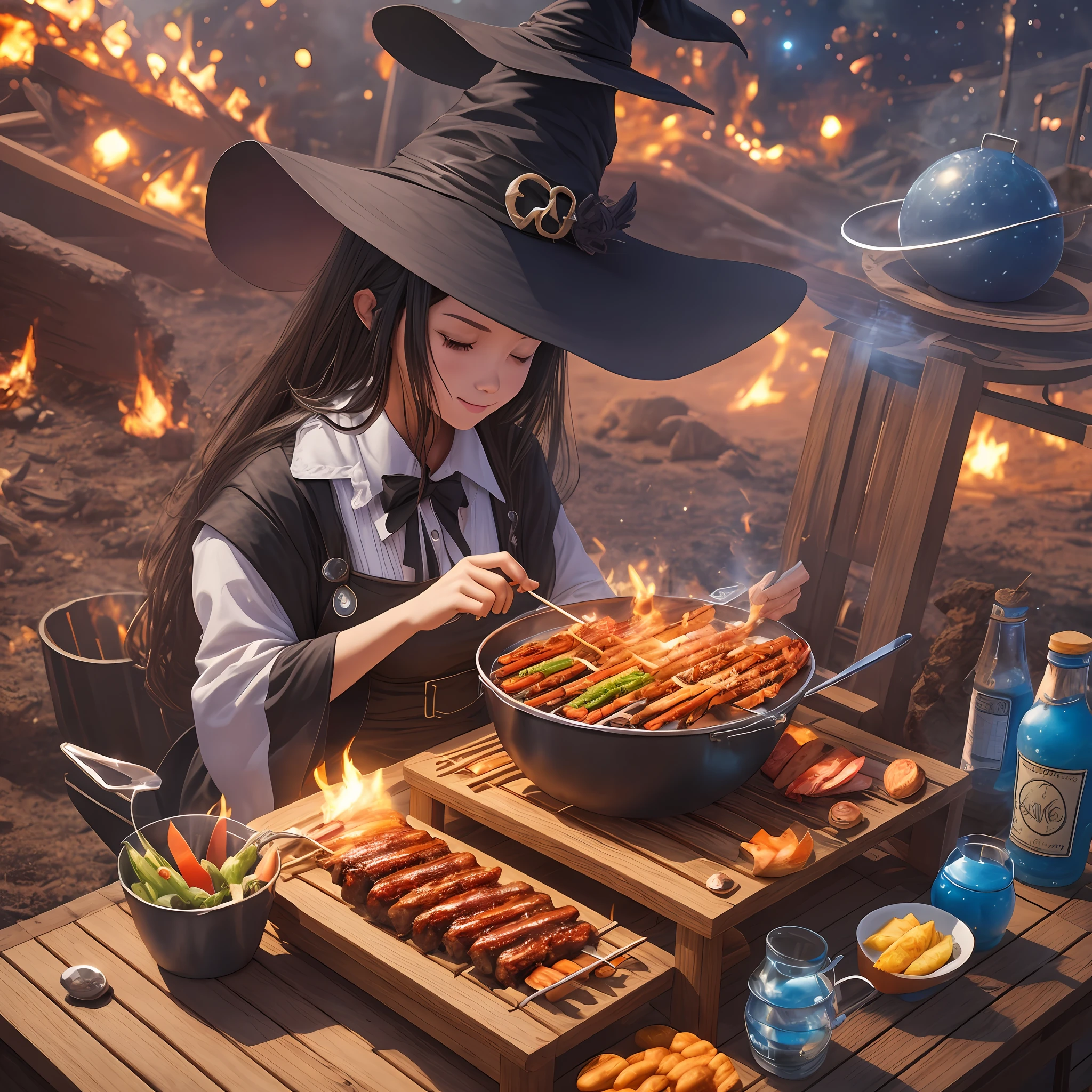 A witch eating barbecue outdoors, cute and cool shape, background atmosphere, space modeling details should be rich, the picture should have a sense of impact, 3D --auto --s2