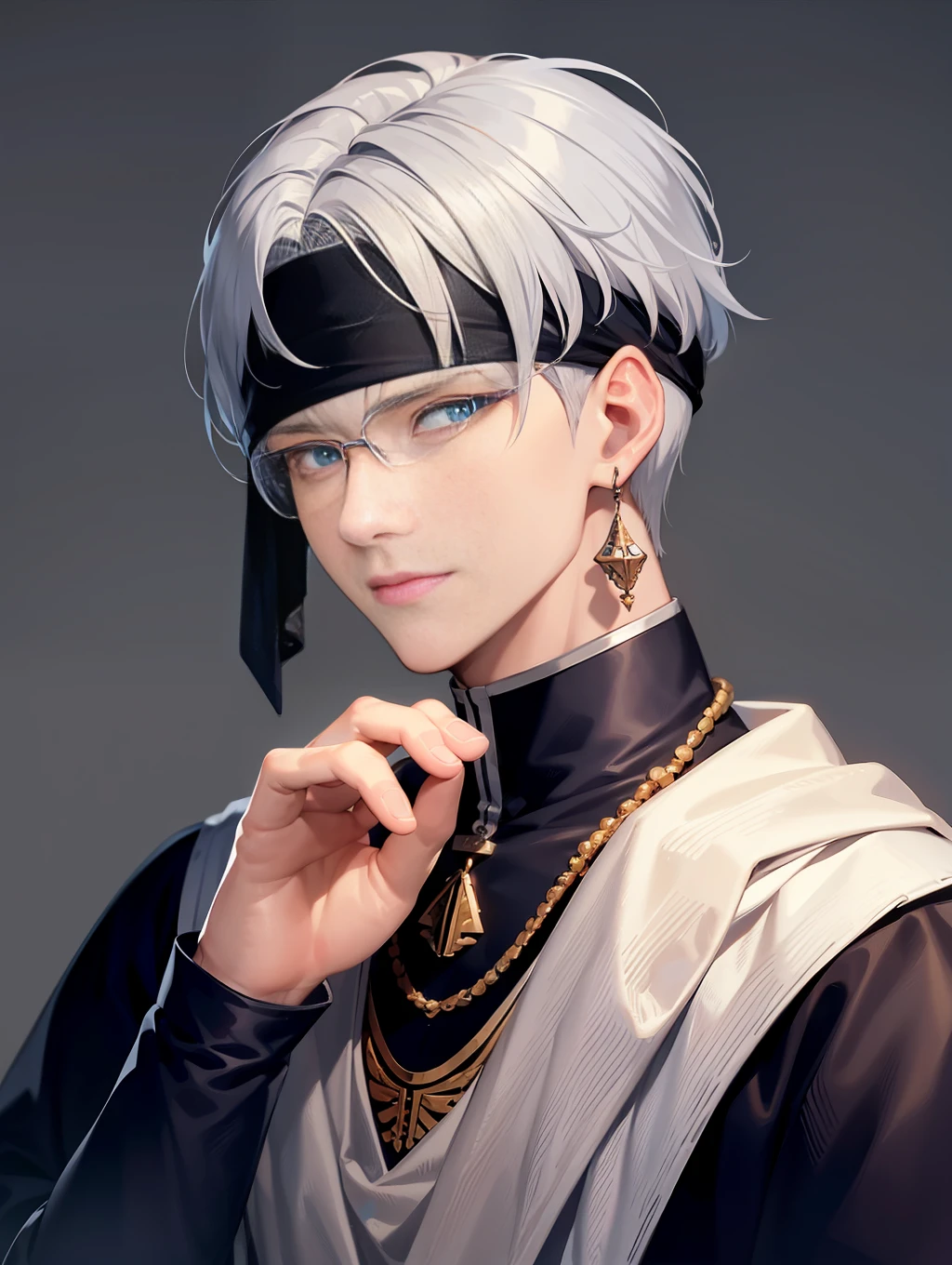 Handsome antique boy head, dashing, cloth blindfolded, white bandage on hands, wearing earring necklace, blue tone, cold, silver hair, face closeup, dark background, portrait