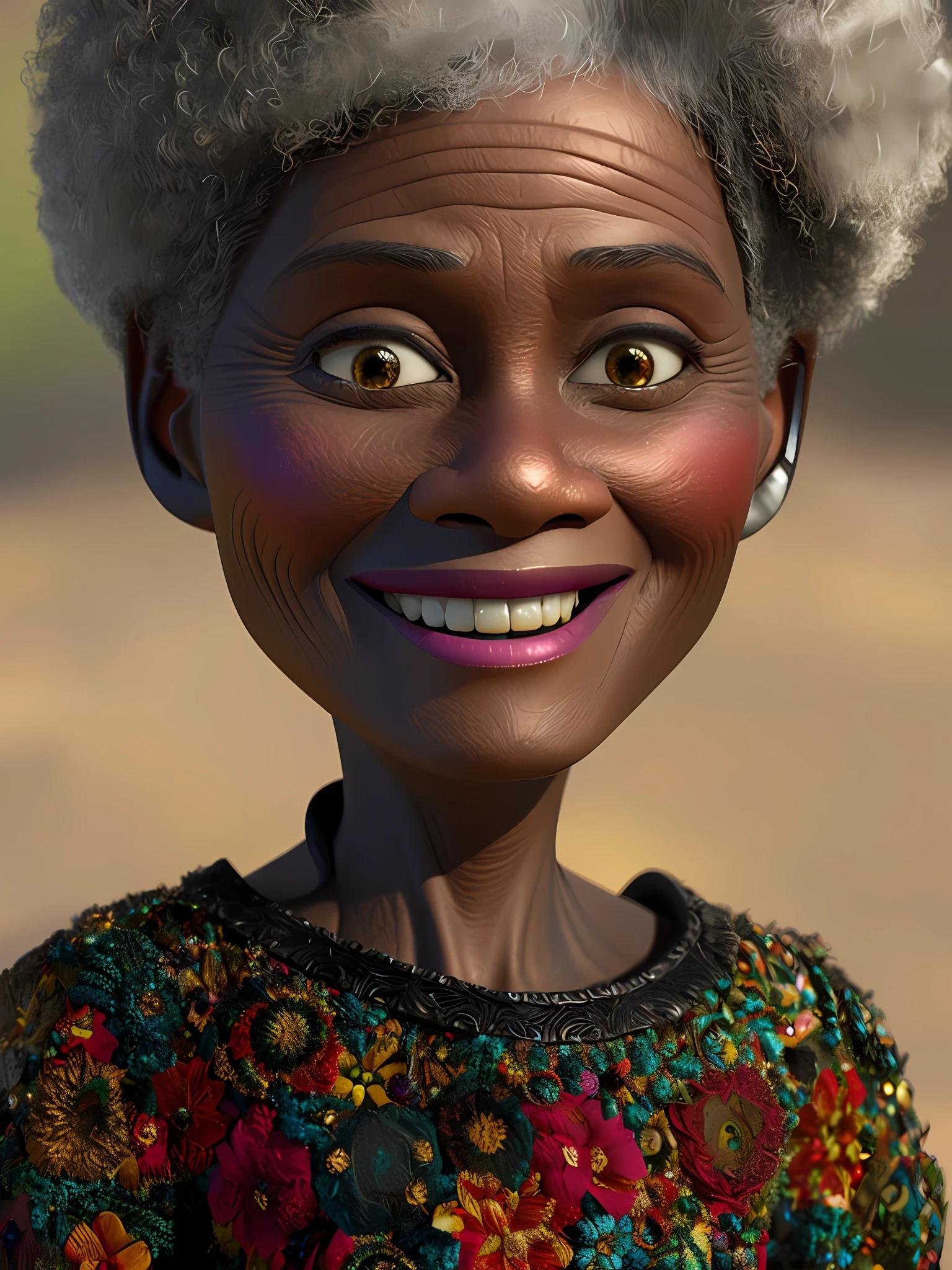 Pixarstyle a waist-high portrait of a 50-year-old woman Black, smile, natural skin texture, 4K textures, HDR, intricate, highly detailed, sharp focus, cinematic visual, hyper-detailed