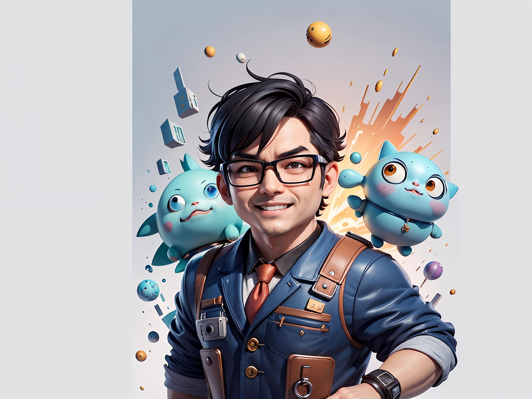 Masterpiece), (Excellent), (Super Meticulous), (Full Body: 1.2), Super Young Woman, Beautiful, Sexy, Bursting, Oriental Face, TV Anchor, Bust Portrait Illustration, Alone, Black Suit, Blue Tie, Silver Glasses, Slightly Chubby Face, Very Clean Face, No Beard, Black Super Short Hair, Black Eyes, Confident Smile, 3c Computer Sub-Products, iPad, iPhone, Digital Painting, 3D Character Design by Akira Toriyama with Mark Claireden and Pixar and Hayao Miyazaki, The illustration is a high-definition illustration in 4K resolution with very detailed facial features and cartoon-style visuals.