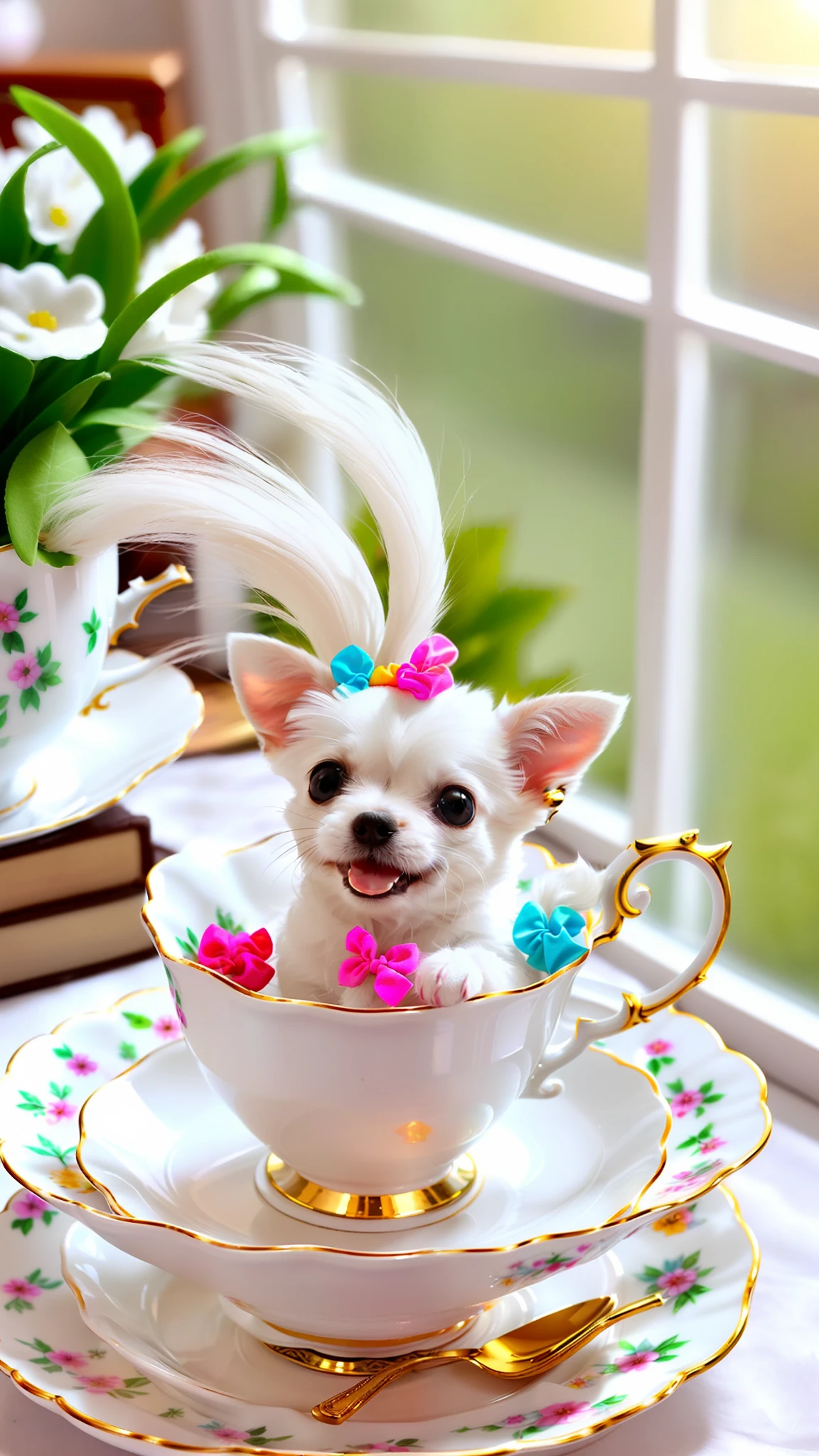 Cute little white Chihuahua in a teacup, big eyes, 8k, delicate, clear, (((real)), paws sticking out of teacup, sticking out tongue, ((cute)), ((small)), professional photographer, professional photography, (((hair is fluffy)), antique and stylish teacups and plates, (face sticking out of teacup), indoors, sunlight, light leak, Reality like photo, ribbon, wearing scrunchies on ears, white, like photo