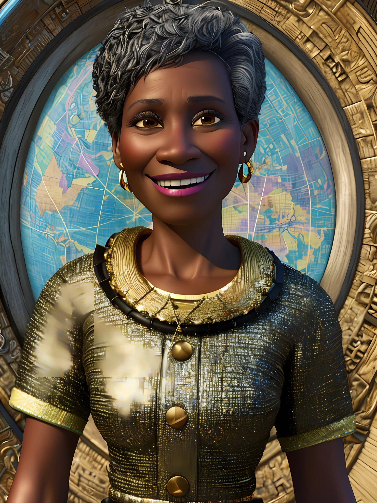 Pixarstyle a waist-high portrait of a 50-year-old woman Black, smile, natural skin texture, 4K textures, HDR, intricate, highly detailed, sharp focus, cinematic visual, hyper-detailed