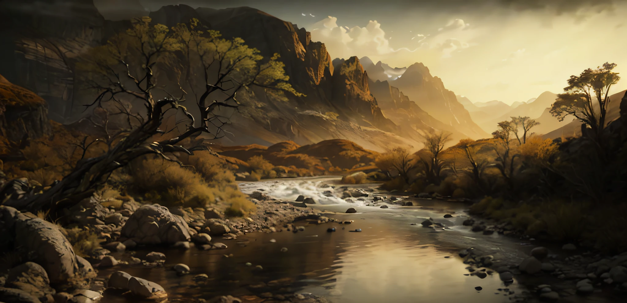 there is a river running through a rocky valley with mountains in the background, beautiful mattepainting, unreal engine 5 render dramatic, beautiful render of a landscape, 8 k matte painting, 8k matte painting, realistic matte painting, 4 k matte painting, matte painting unreal engine, unreal engine 5 highly rendered, matte painting scenery, ultrarealistic matte painting, photorealistic matte painting