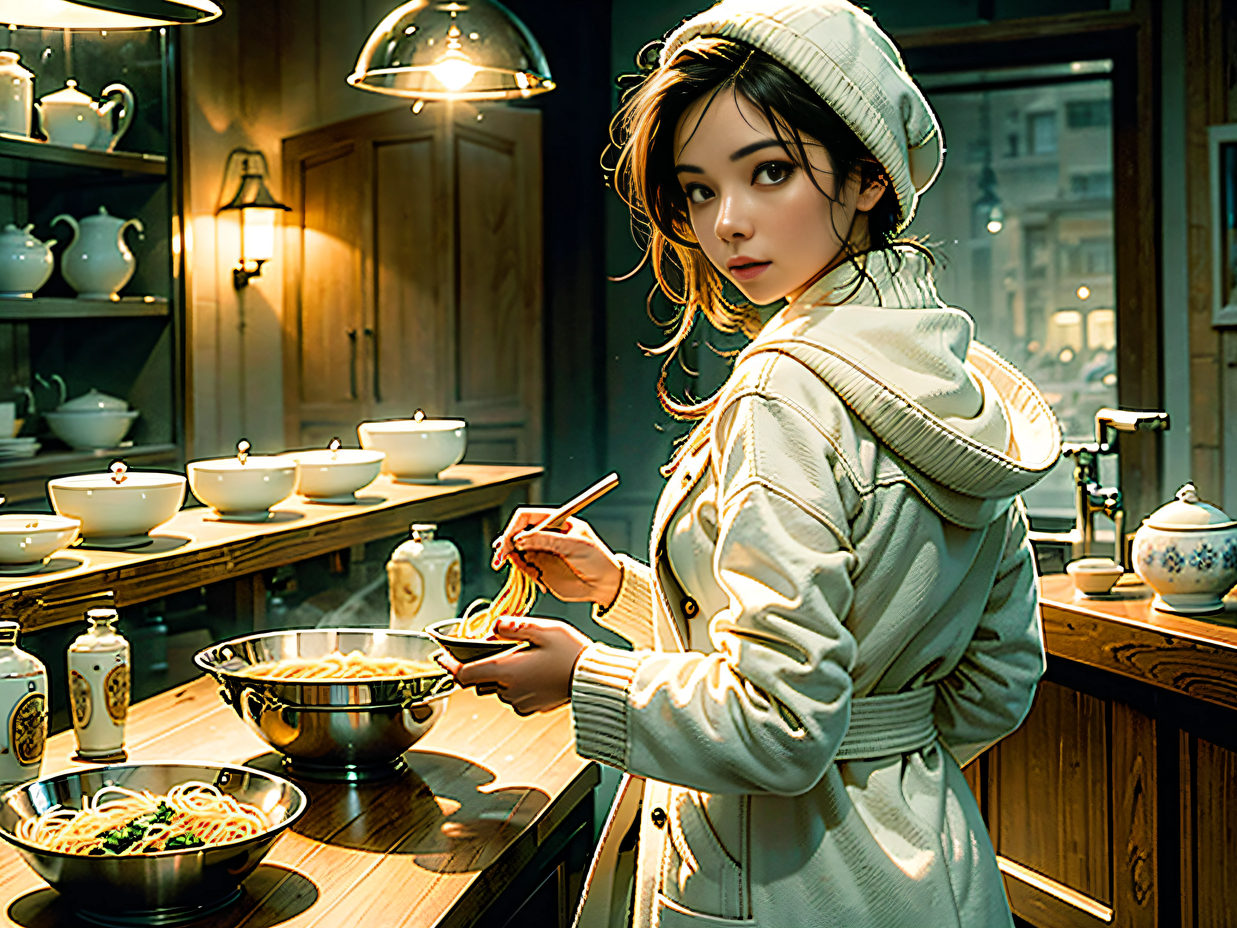 Best quality, masterpiece, woman in white cashmere jacket standing with two bowls of noodles in her hands, indoor, evening, with her back to the audience