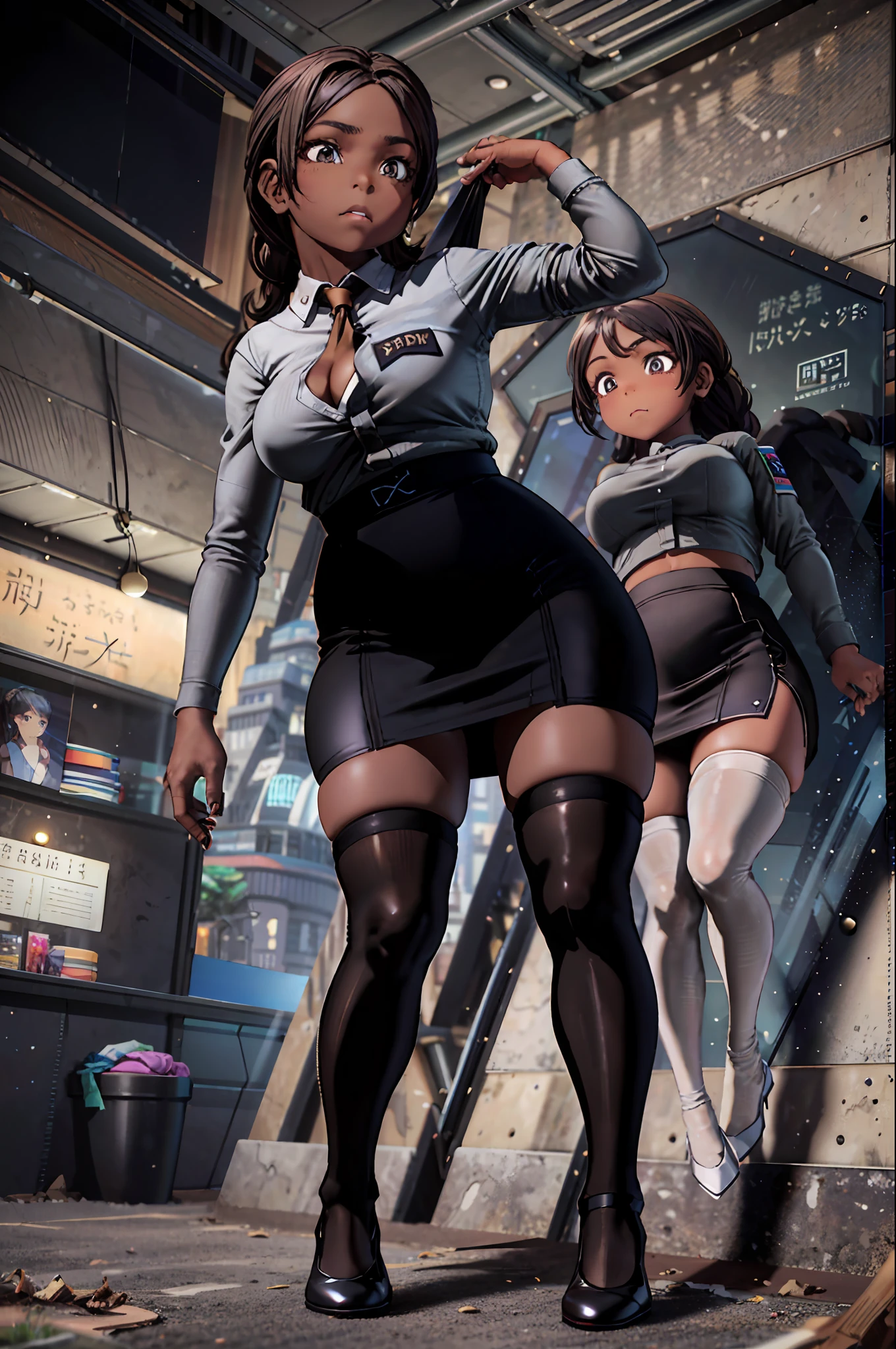 masterpiece, best quality,1girl,young ebony girl, khaki eyes, ash brown, french twist,despair _face,shiny skin,large breasts,nice leg line:1.3,thick thighs, thin waist,school uniform, thighhighs,necktie,((pencil skirt)),  pantyhose, cityscape,looking at viewer,from below,full body,