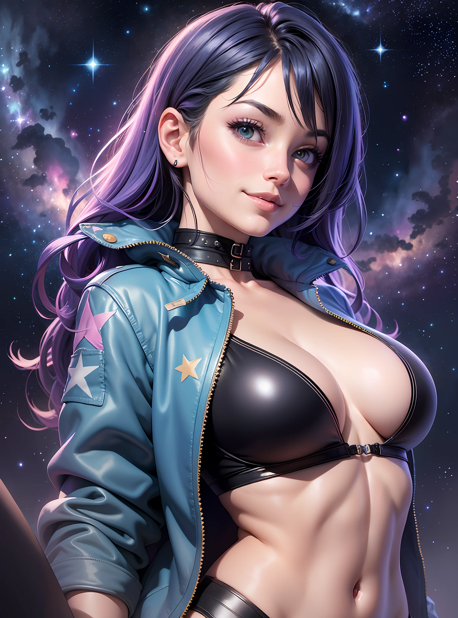 ((Best Quality)), ((Masterpiece)), ((Realistic)) and watercolor drawing of a girl with goth colors. Crotch Angle perspective, laying on her back . She has ((starlight hair)), wears a (black micro-bikini:star motif ) (bare navel) (cameltoe) (tech-wear jacket) , ((beautiful and aesthetic)), muscular fit body abs, sexy, under-boobs, hot, (star filled sky background) (clear background:1.35), (particles ,firefly, blue glowing):1.3, perspective, embarrassed smile, totally blushed, nervous, looking at the viewer, spread legs, black thong