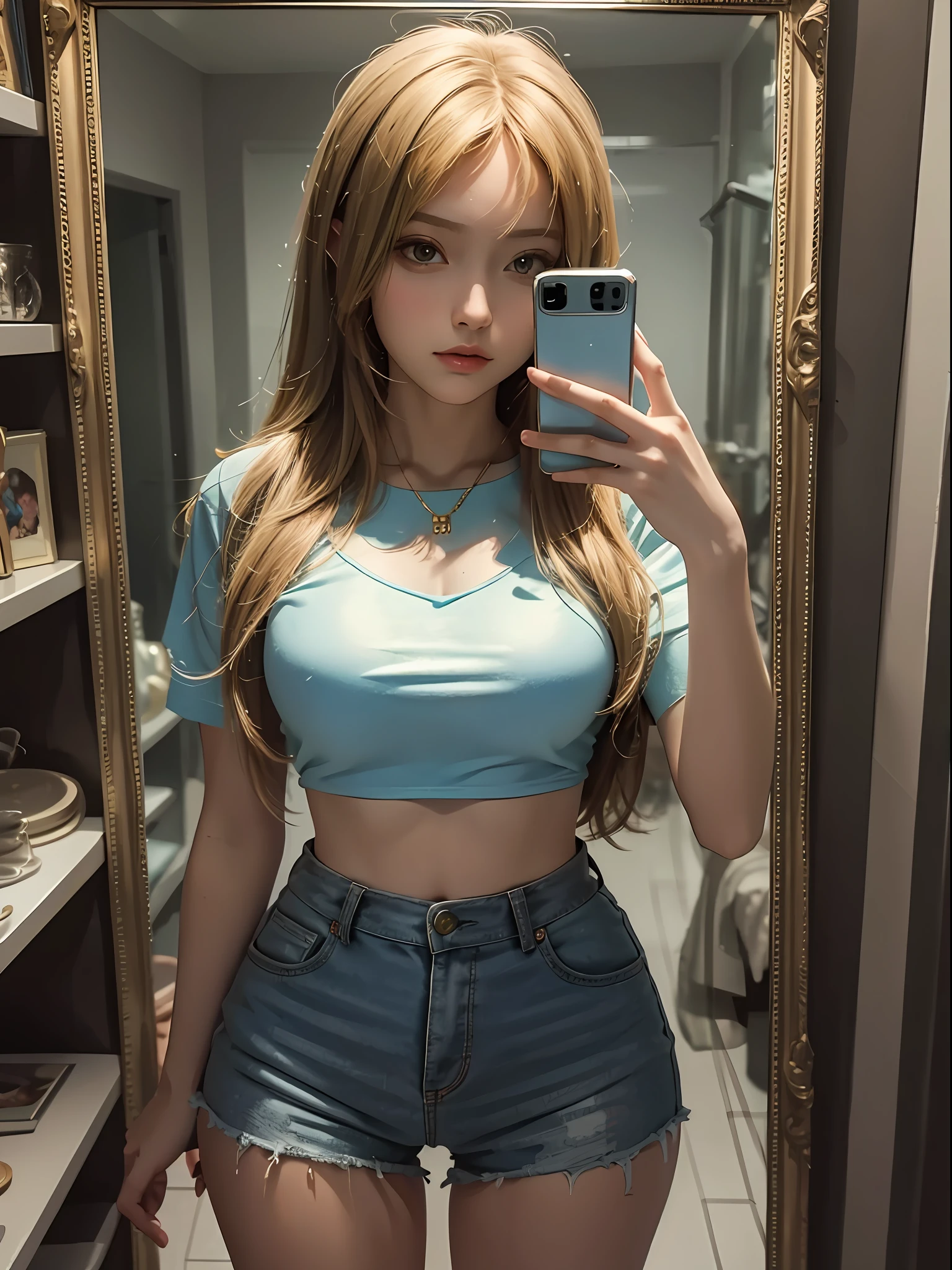 masterpiece, best quality, 1girl, samus mirror selfie, standing, casual