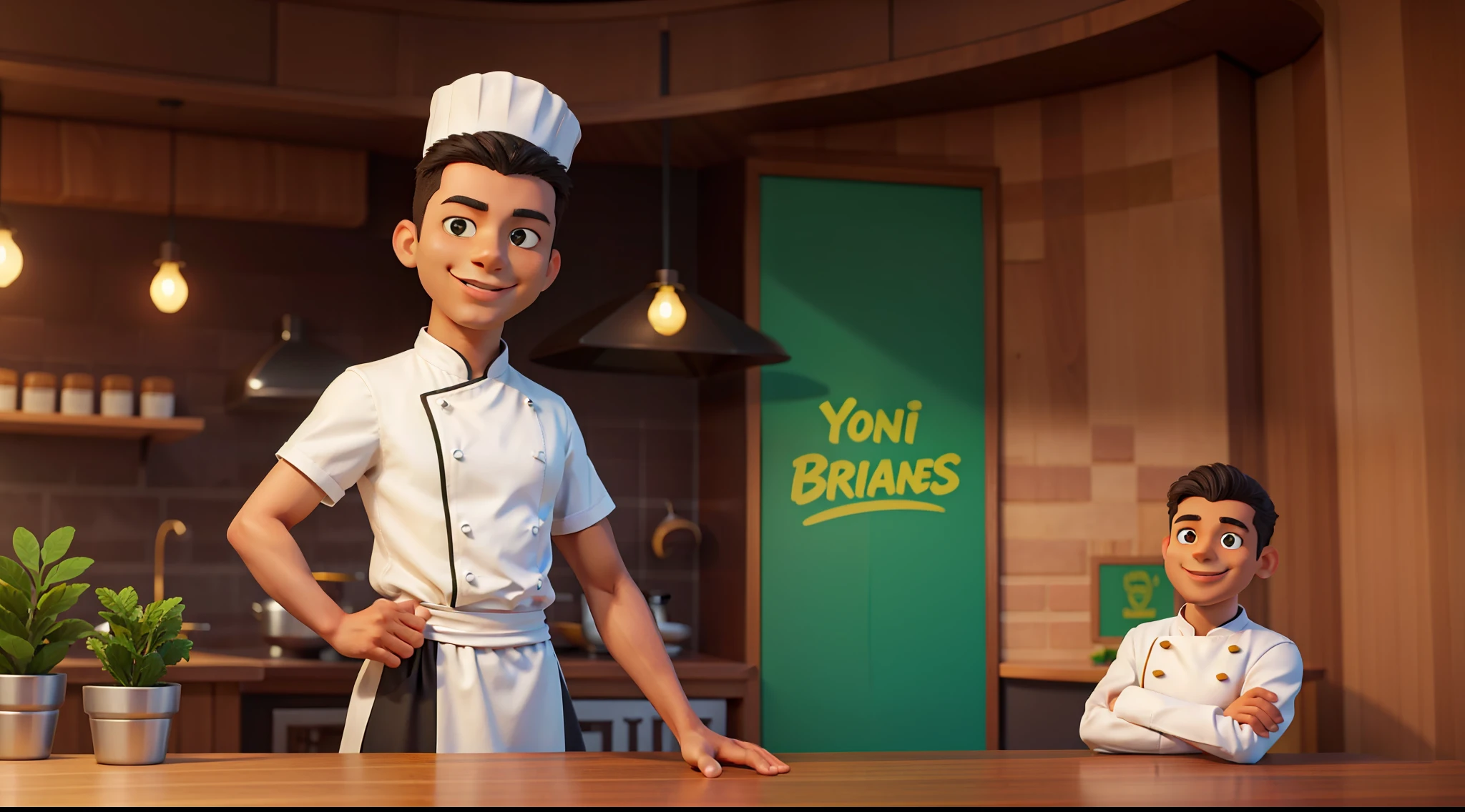 young 21 years ,name Toni, origin brazil, male,black,wearing a chef's outfit smiling with arms crossed background infinite green blurred,cinimetografico,60,30,10 rule of thirds character