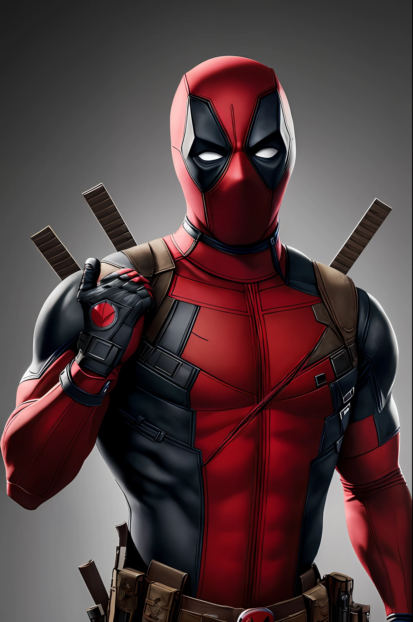 Masterpieso, Best quality, Very detailed image, Ultra-detailed, Expressive face and action, Marvel-inspired clothing, The picture introduces Deadpool from MARVEL, The ambient atmosphere is full of humor, but with an unexpected twist.