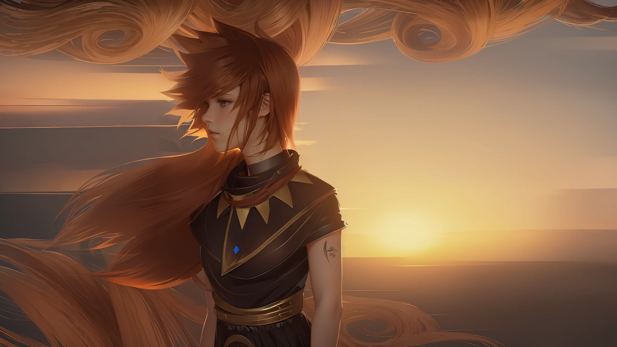 (Best quality, masterpiece, ArtStation, Fantasy Art:1.2), a beautiful cute girl, (long messy ginger hair, brown collar:1.1), (long black t-shirt:1.2)