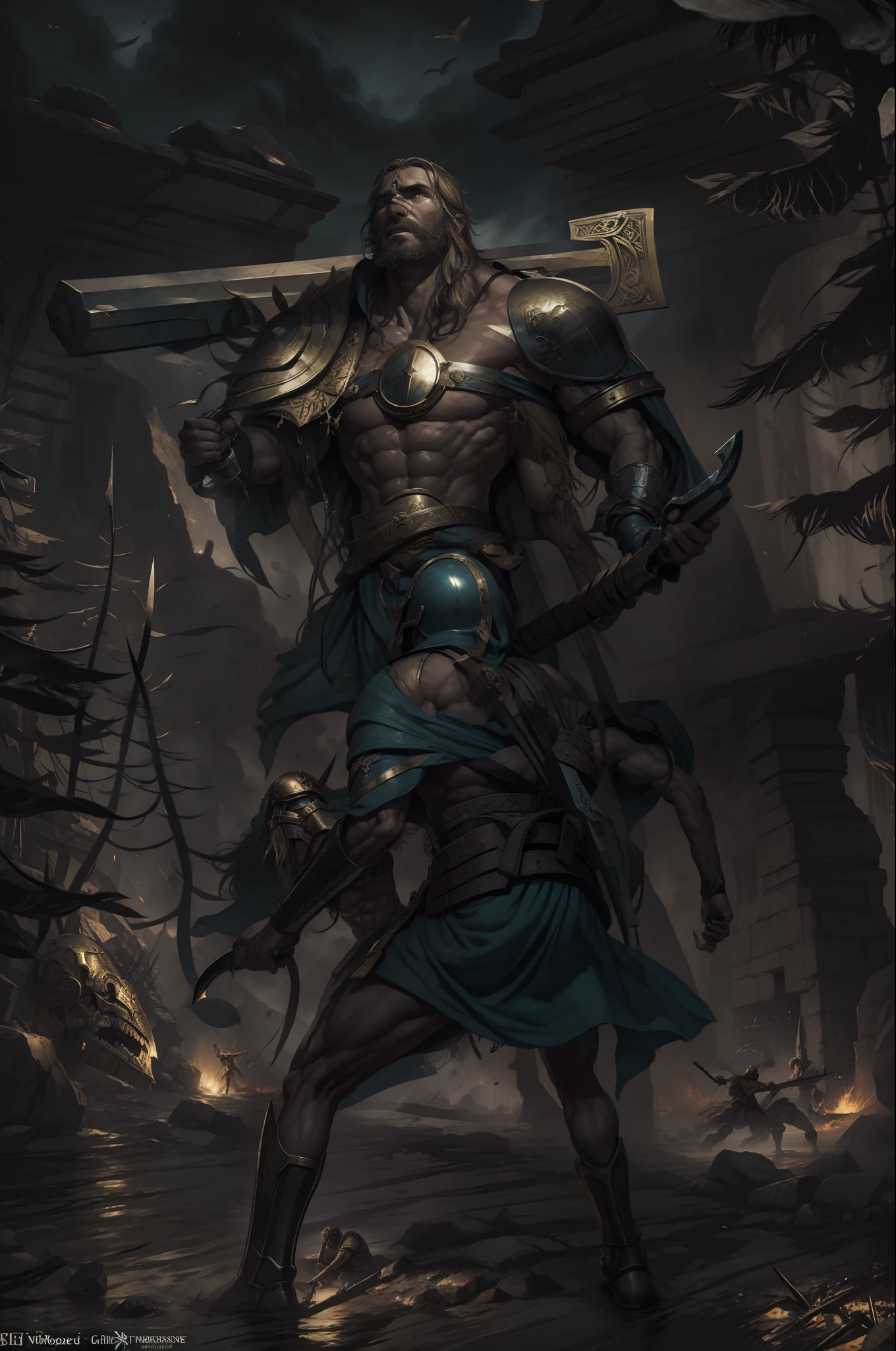 Masterpiece of one man and another man fighting in a desert, David and Goliath, epic biblical depiction, Goliath painting, Spartan warrior, epic art, epic graphic novel wallpaper, digital painting of Greek myth, epic illustration, ancient soldier, epic battle scene, firelit environment, dark shadows, realistic oil painting by Simon Bisley, Julie Bell, 16-bit pixel art, high saturation, HD, high contrast, dramatic lighting, intricate details, moody atmosphere, dynamic composition, medieval weaponry.