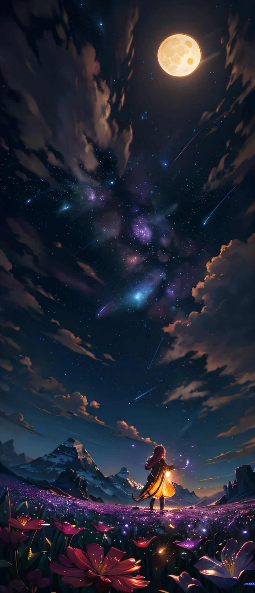 expansive landscape photograph , (a view from below that shows sky above and open field below), a girl standing on flower field looking up, (full moon:1.2), ( shooting stars:0.9), (nebula:1.3), distant mountain, tree BREAK
production art, (warm light source:1.2), (Firefly:1.2), lamp, lot of purple and orange, intricate details, volumetric lighting, realism BREAK
(masterpiece:1.2), (best quality), 4k, ultra-detailed, (dynamic composition:1.4), highly detailed, colorful details,( iridescent colors:1.2), (glowing lighting, atmospheric lighting), dreamy, magical, (solo:1.2)