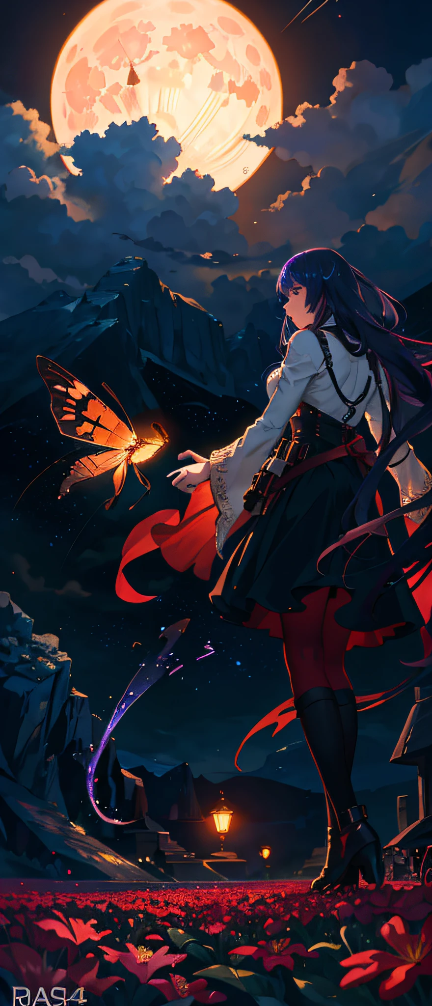 expansive landscape photograph , (a view from below that shows sky above and open field below), a girl standing on flower field looking up, (full moon:1.2), ( shooting stars:0.9), (nebula:1.3), distant mountain, tree BREAK
production art, (warm light source:1.2), (Firefly:1.2), lamp, lot of purple and orange, intricate details, volumetric lighting, realism BREAK
(masterpiece:1.2), (best quality), 4k, ultra-detailed, (dynamic composition:1.4), highly detailed, colorful details,( iridescent colors:1.2), (glowing lighting, atmospheric lighting), dreamy, magical, (solo:1.2)