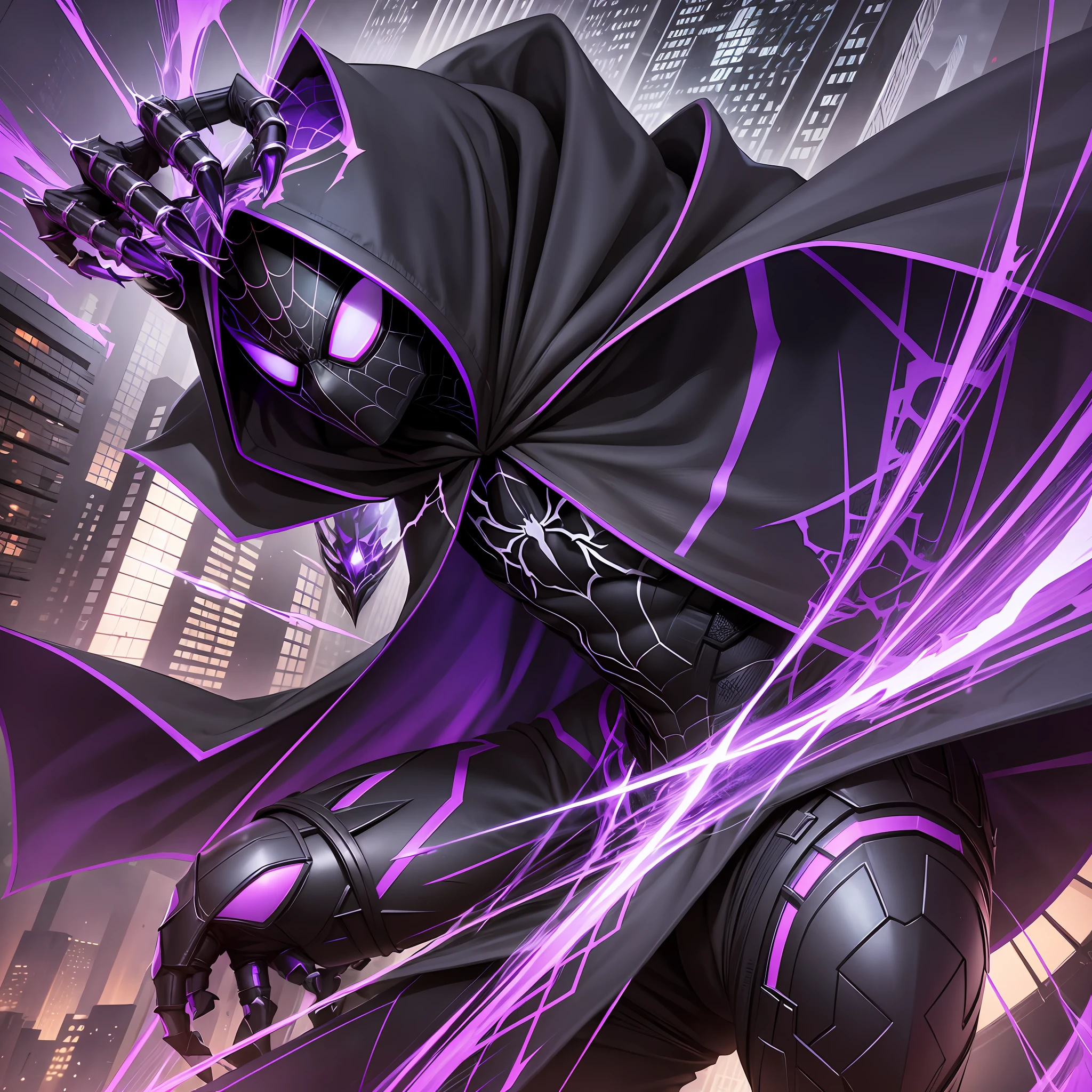 Enemy Prora, Spider-Verse, Cloak, Armor, Masterpiece, Top Quality, Sharp Claws, Purple Tights, Black Compound Eyes, Man, Muscular, Plain,