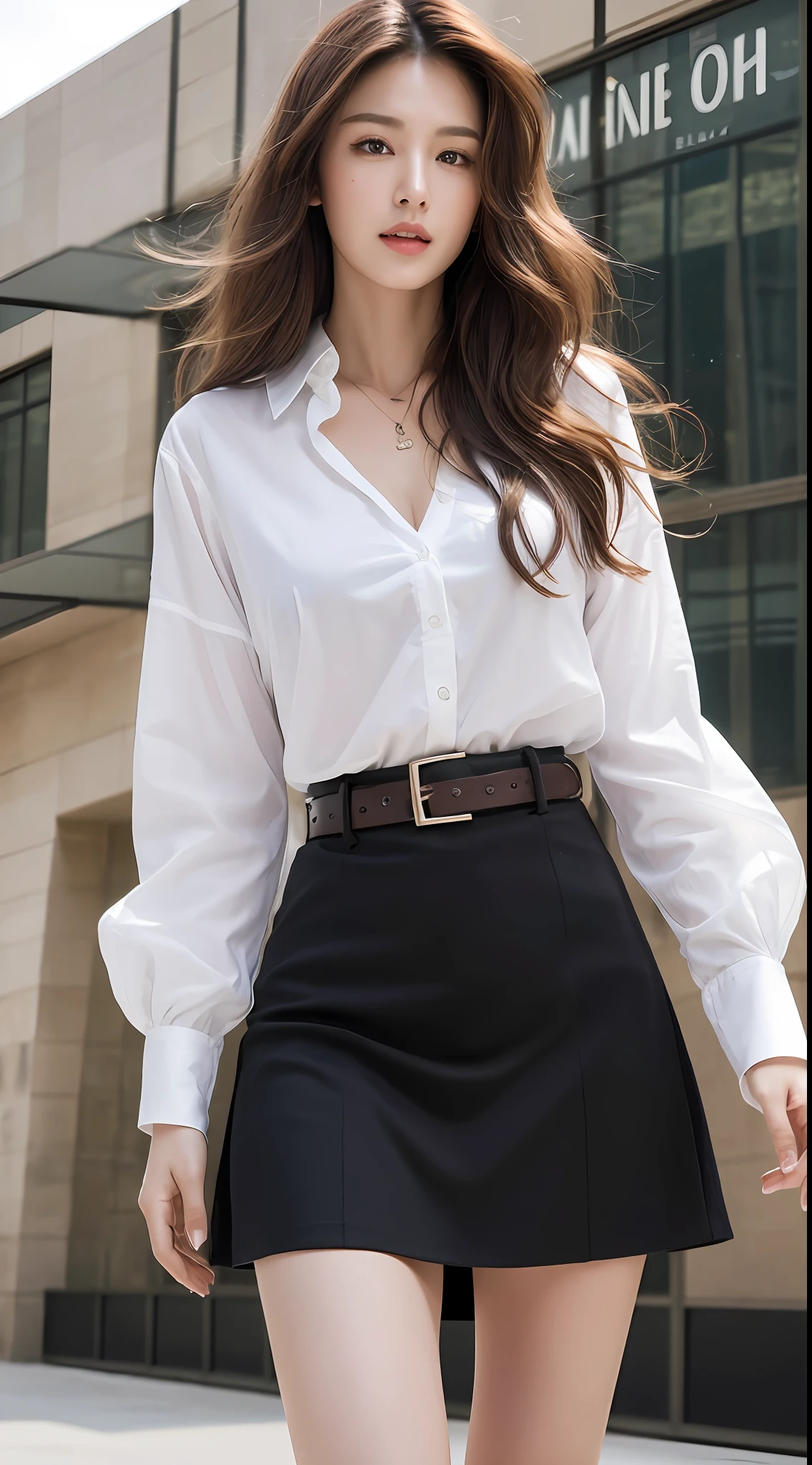 (Best quality, High resolution, Masterpiece :1.3), A tall and pretty woman, Slender abs, Dark brown hair styled in loose waves, Breasts, Wearing pendant, White button up shirt, Belt, Black skirt, (Modern architecture in background), Details exquisitely rendered in the face and skin texture, Detailed eyes, Double eyelid