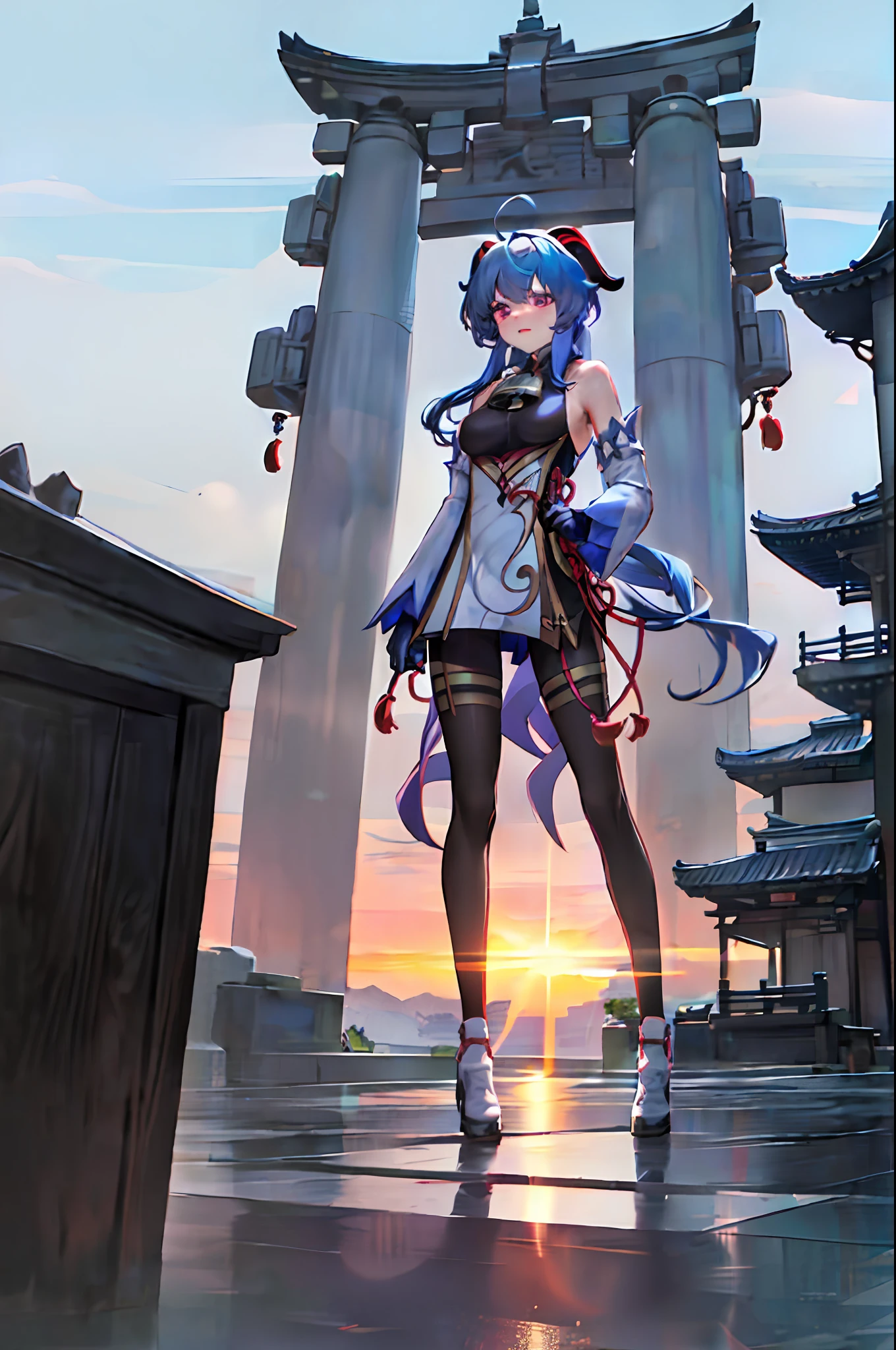 ganyu\(genshin impact\), 1girl, ahoge, architecture, bangs, bare shoulders, bell, black gloves, black tights, ((blue hair), blush, breasts, chinese knot, sleeve, East Asian architecture, flower knot, glove, horn, long hair, looking at the audience, medium chest, neckbell, night, outdoor, pantyhose, purple eyes, sideburns, solo, tassels, white sleeves, ((masterpiece))