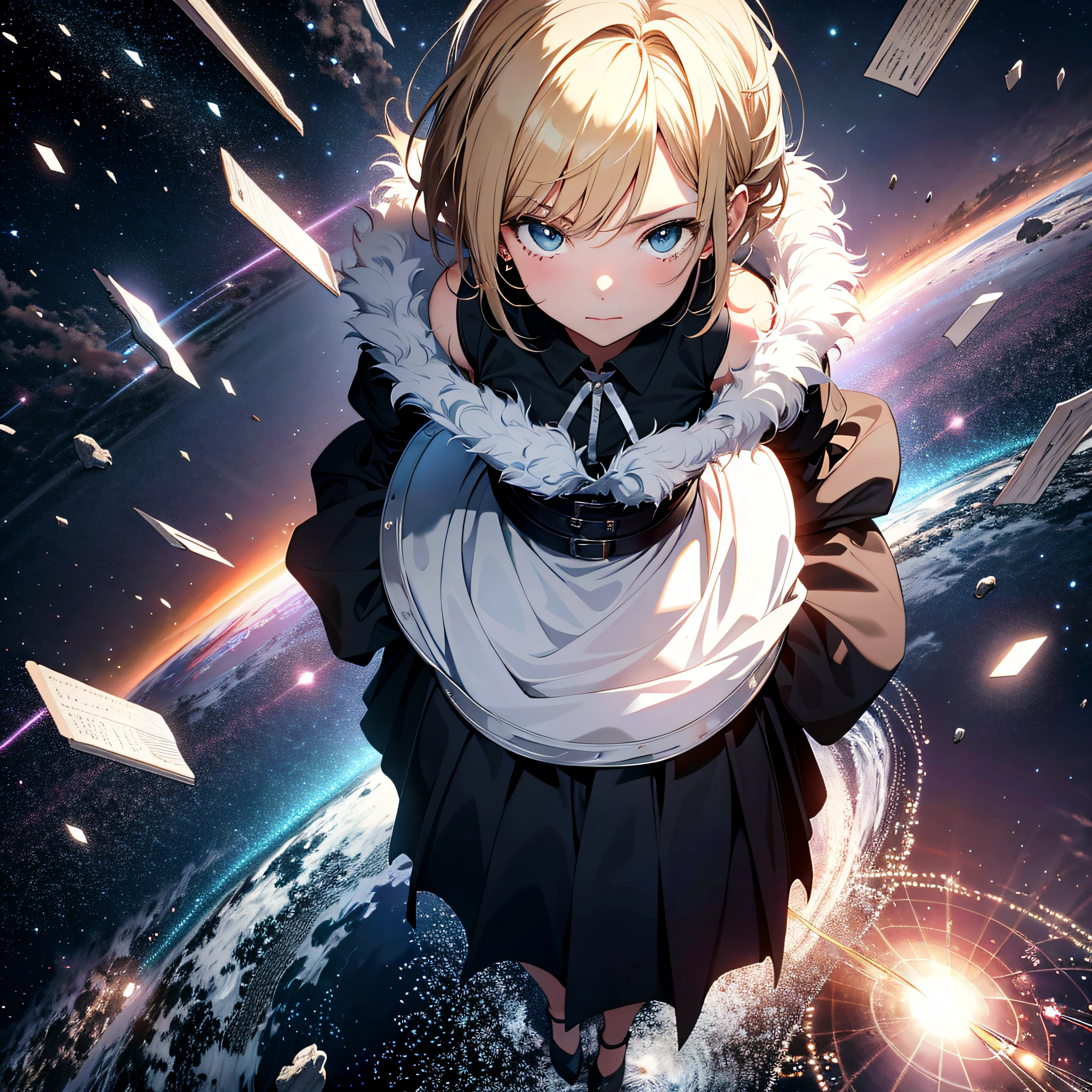 Absurd resolution, high resolution, (masterpiece: 1.4), super detailed, girl alone, from above, space, floating, blonde, petite, short hair