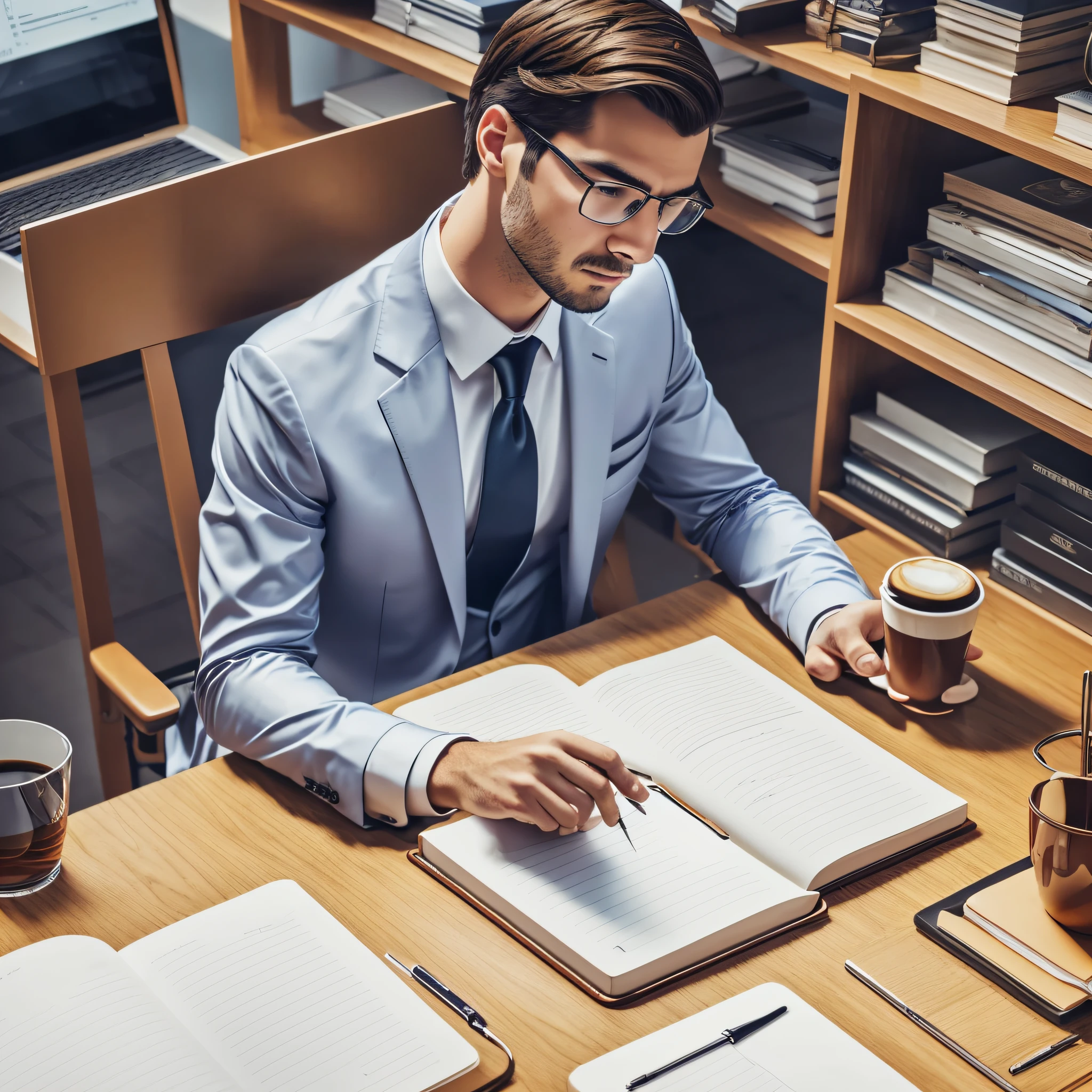 Person in formal clothes, extremely productive, sitting in an office with desk, apple notebook, coffee, realistic, ultra-realistic, masterpiece, 8k, masterpiece, sharp, beautiful, real, beautiful, clear --auto --s2