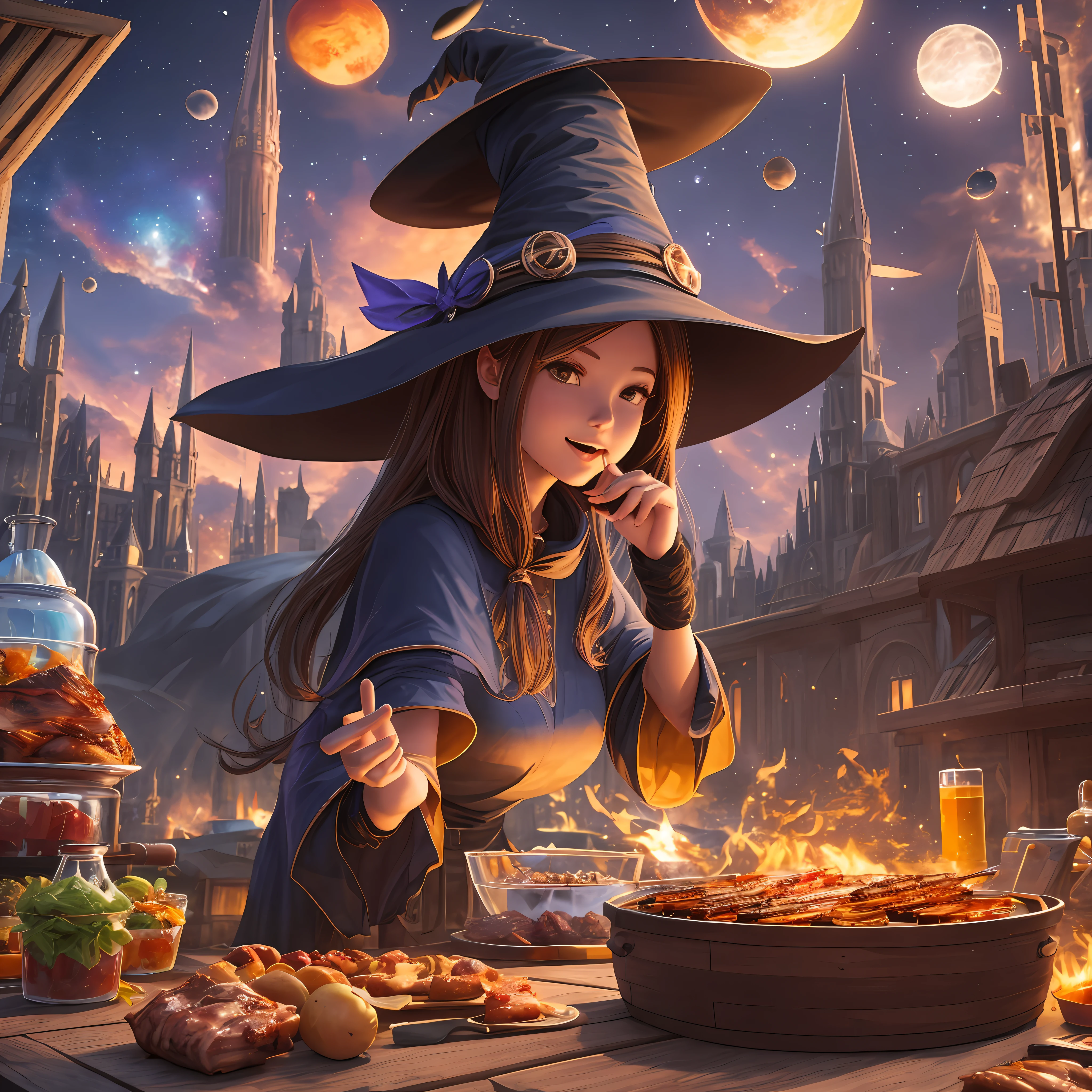 A witch eating barbecue outdoors, cute and cool shape, background atmosphere, space modeling details should be rich, the picture should have a sense of impact, 3D --auto --s2