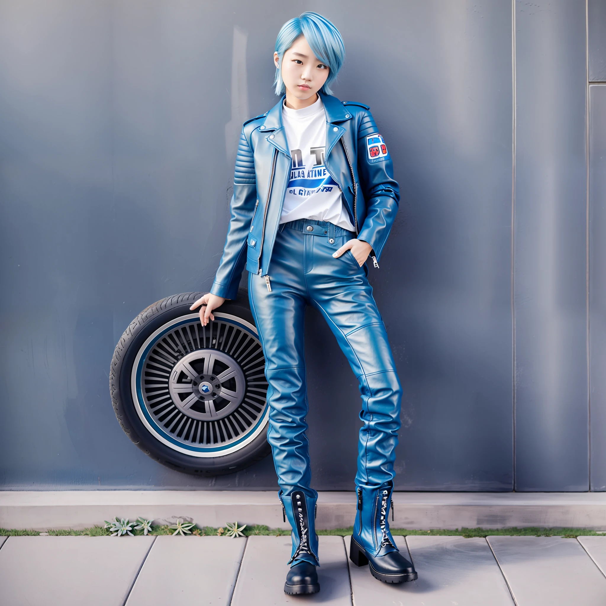Japan Female 18 years old Full length Boyish Cool Blue Riders Jacket Leather Pants Leather Boots 180cm F Cup Blue Hair Shortcut
