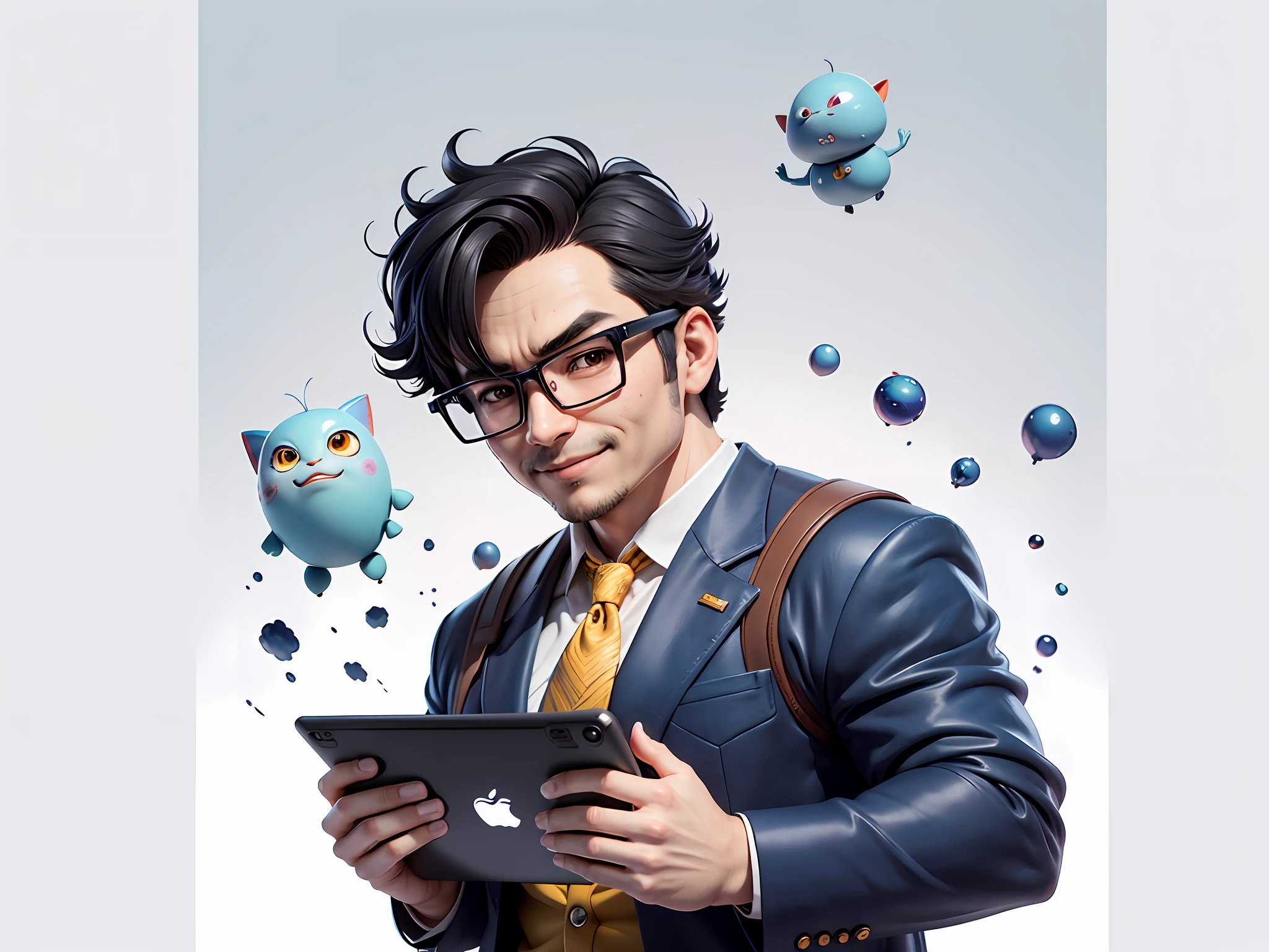 Masterpiece), (Excellent), (Super Meticulous), (Full Body: 1.2), Super Young Woman, Beautiful, Sexy, Bursting, Oriental Face, TV Anchor, Bust Portrait Illustration, Alone, Black Suit, Blue Tie, Silver Glasses, Slightly Chubby Face, Very Clean Face, No Beard, Black Super Short Hair, Black Eyes, Confident Smile, 3c Computer Sub-Products, iPad, iPhone, Digital Painting, 3D Character Design by Akira Toriyama with Mark Claireden and Pixar and Hayao Miyazaki, The illustration is a high-definition illustration in 4K resolution with very detailed facial features and cartoon-style visuals.