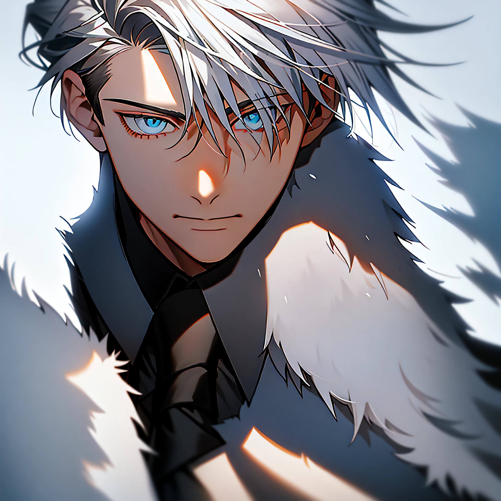 jkj, running, solo, looking at viewer, short hair, blue eyes, simple background, shirt, 1boy, white background, hair between eyes, closed mouth, jacket, grey hair, male focus, necktie, collared shirt, blurry, black jacket, parted bangs, fur trim, black shirt, scar, portrait, black necktie