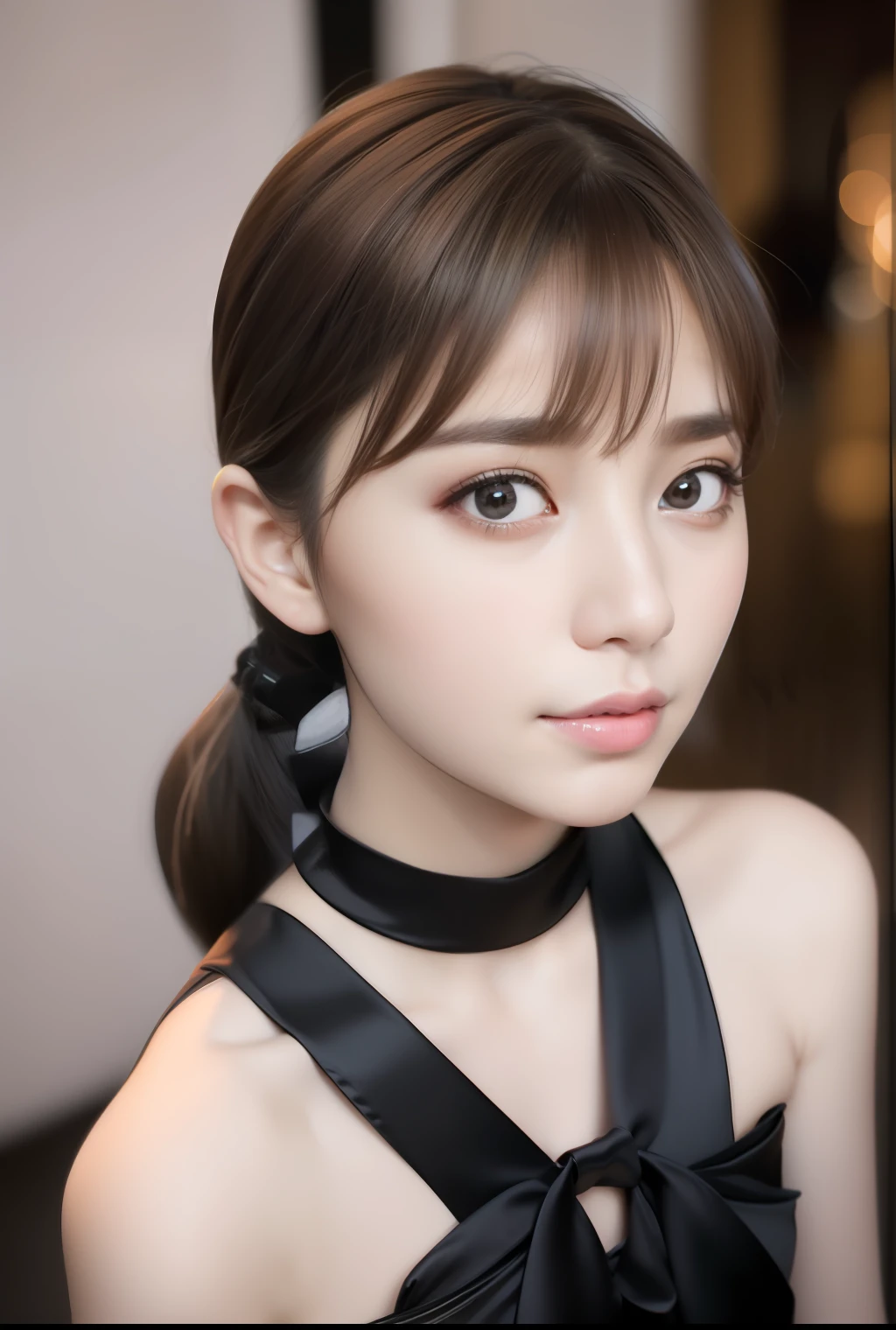 arafed woman with a black dress and a black bow tie, girl cute-fine-face, young adorable korean face, dilraba dilmurat, young cute wan asian face, portrait of female korean idol, 奈良美智, popular korean makeup, popular south korean makeup, taken with canon eos 5 d mark iv