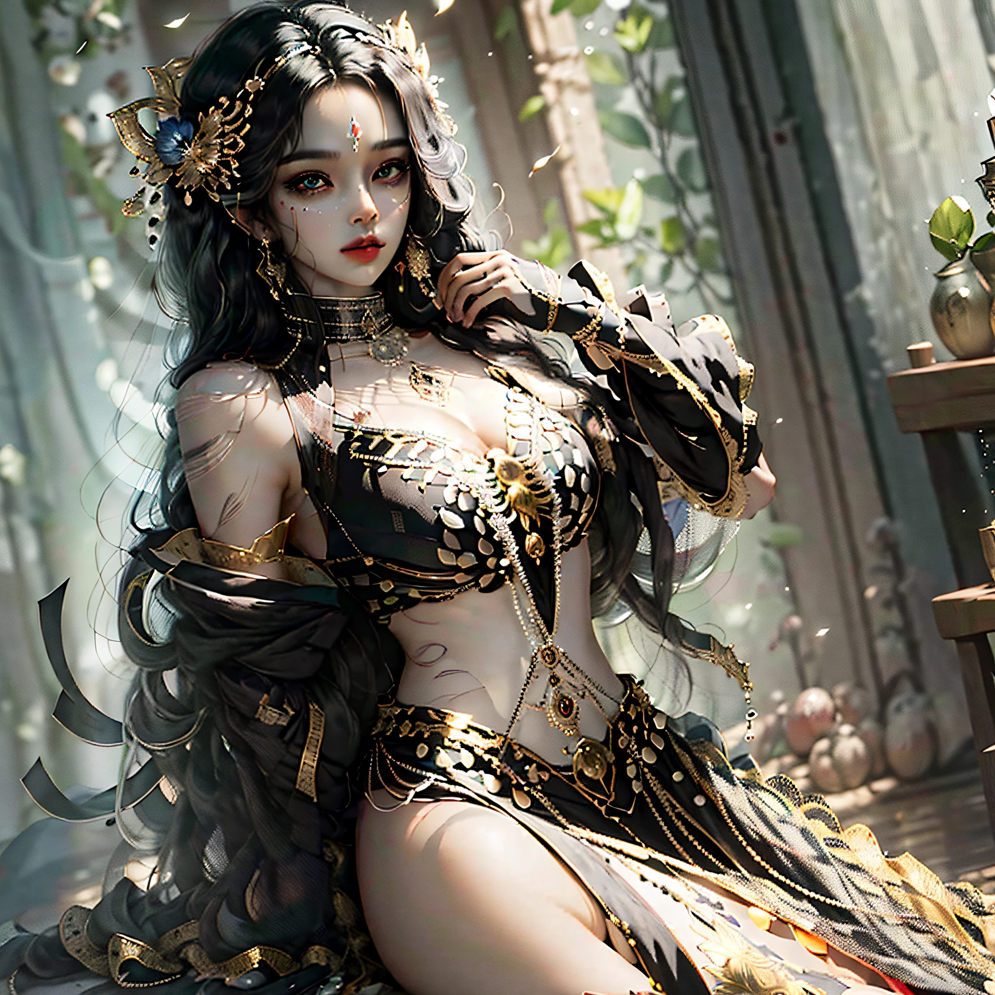 (masterpiece), best quality, ultra high-definition, ultra-detailed CG work, a majestic (black silk royal sister), disdainful eyes, straight and supple (black hair), sitting firmly high. --auto --s2