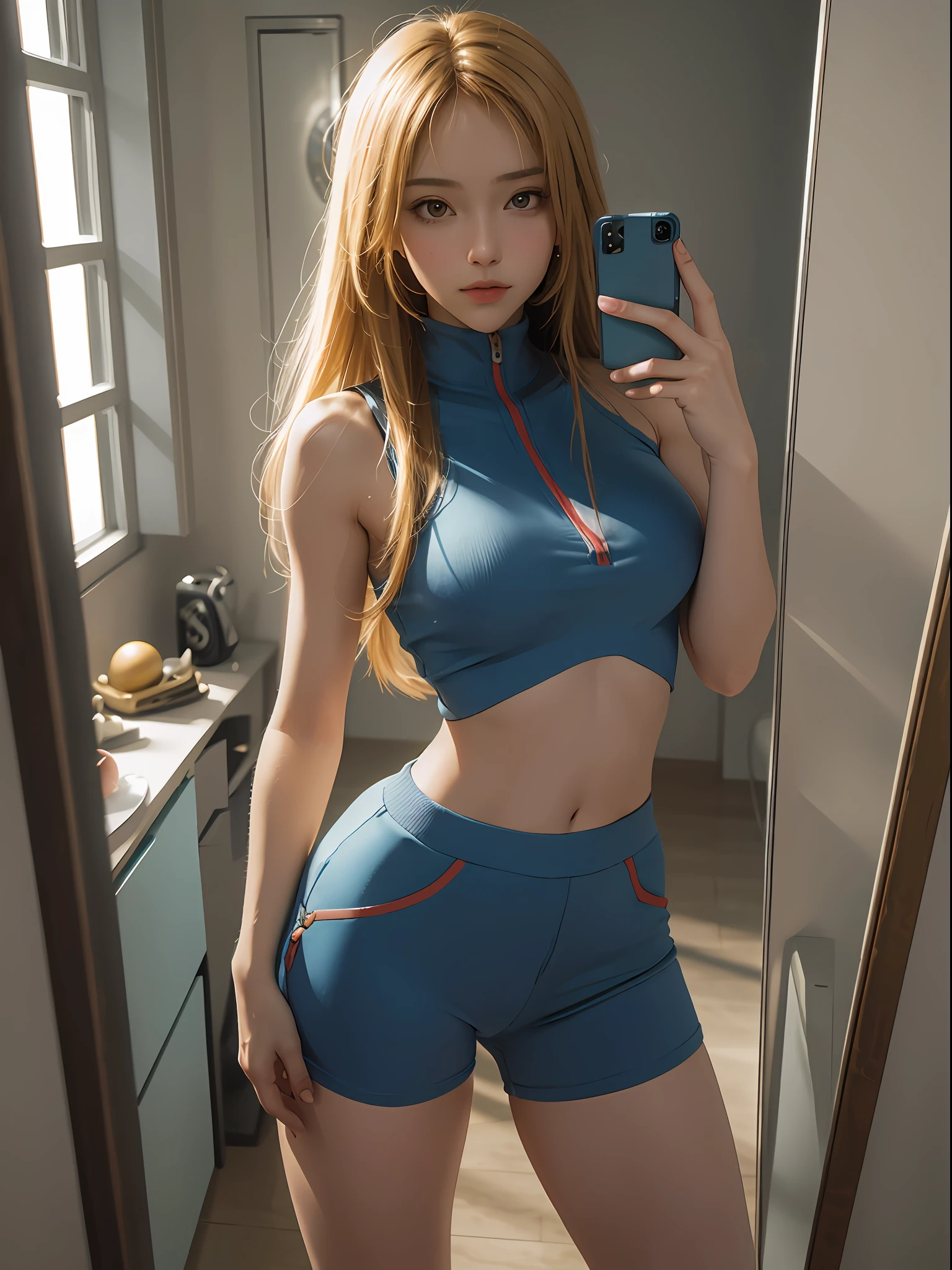masterpiece, best quality, 1girl, samus mirror selfie, standing, casual