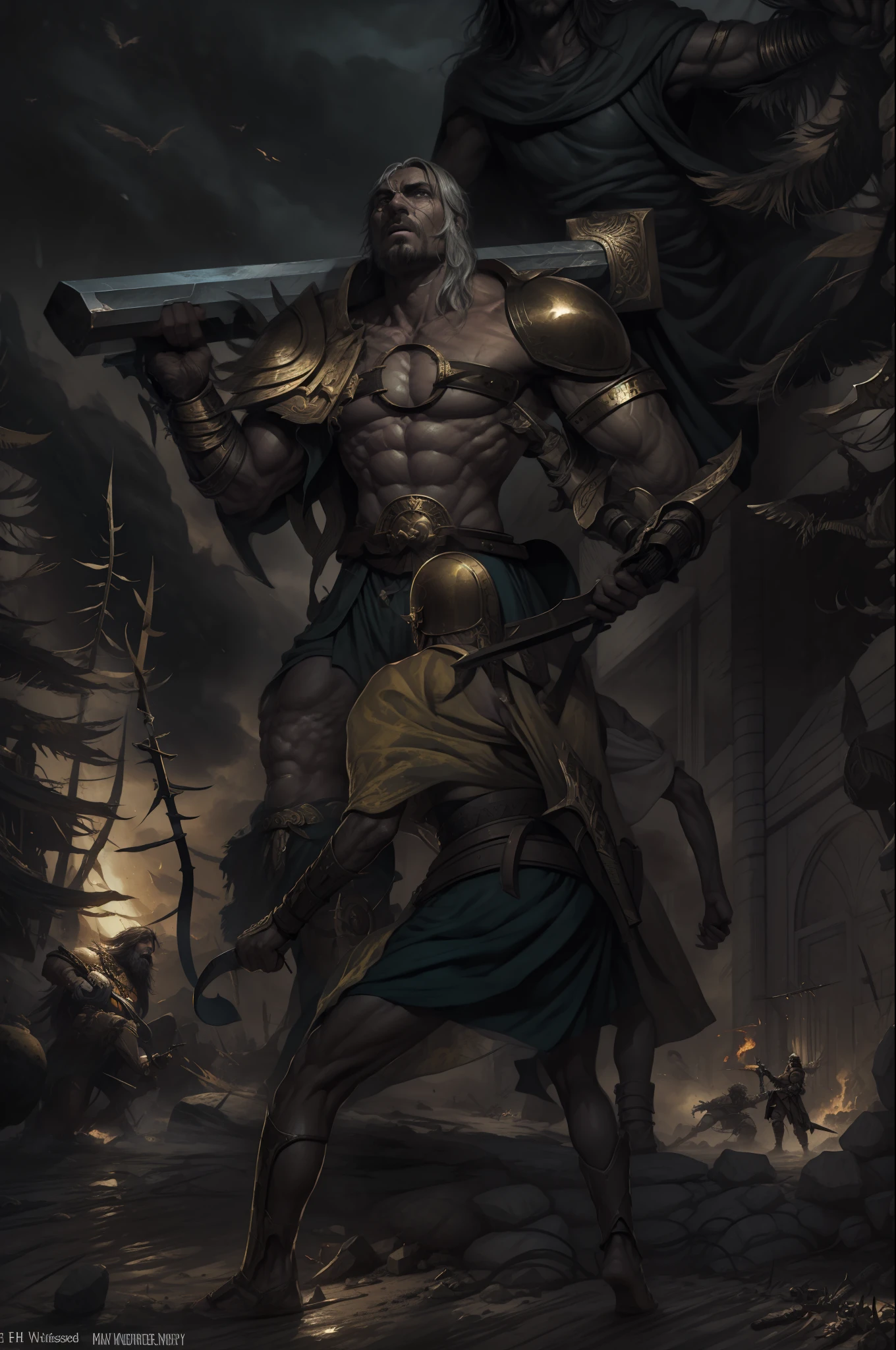 Masterpiece of one man and another man fighting in a desert, David and Goliath, epic biblical depiction, Goliath painting, Spartan warrior, epic art, epic graphic novel wallpaper, digital painting of Greek myth, epic illustration, ancient soldier, epic battle scene, firelit environment, dark shadows, realistic oil painting by Simon Bisley,  Julie Bell, 16-bit pixel art, high saturation, HD, high contrast, dramatic lighting, intricate details, moody atmosphere, dynamic composition, medieval weaponry.