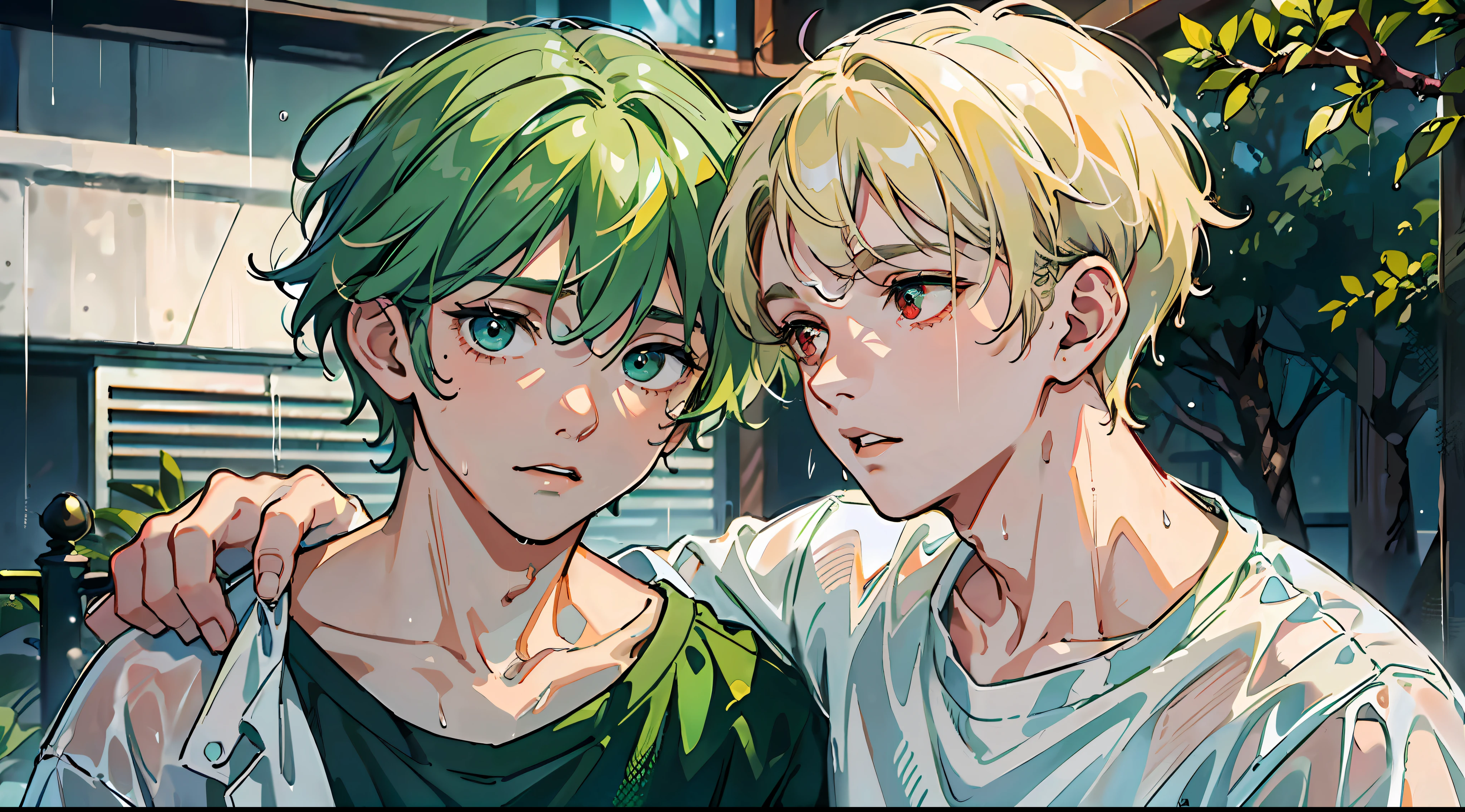 (Masterpiece: 1.4, top quality), two boys, (Wet shirt with cute young man and green hair and big eyes: 1.2), (Wet shirt with cool young man and very short blond hair and red eyes: 1.2), Rainy Park