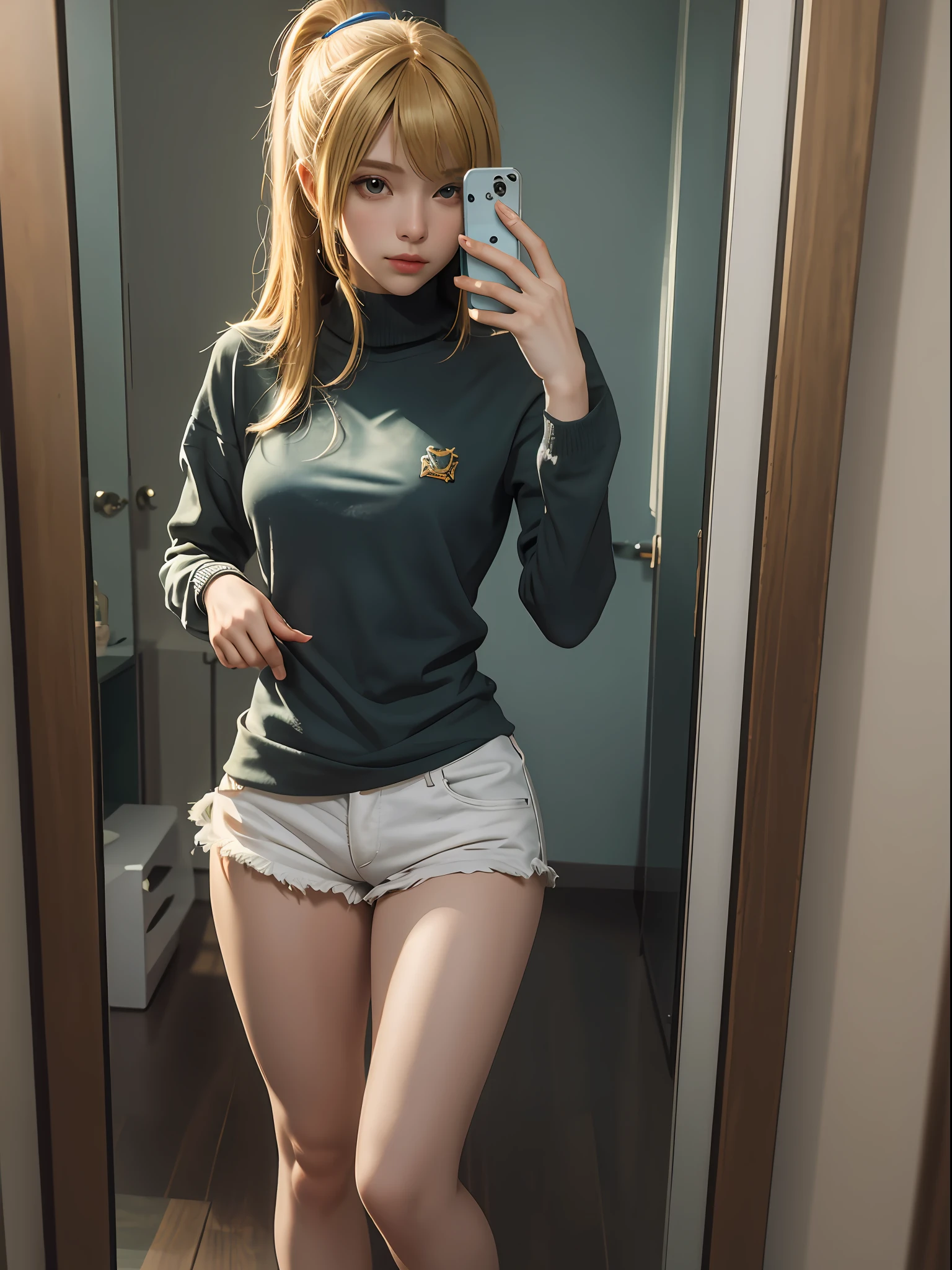 masterpiece, best quality, 1girl, samus mirror selfie, standing, casual