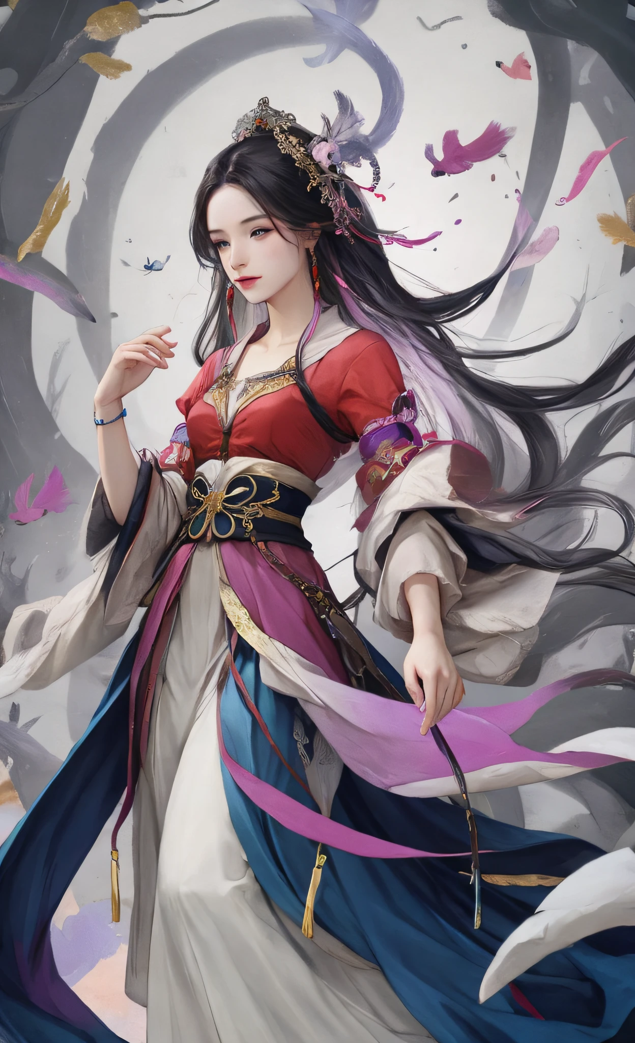 fantasy art, photo realism, dynamic lighting, art station, poster, volumetric lighting, very detailed faces, 4k wallpaper, award-winning, a girl, ancient chinese clothing, full body, sunlight, clear face with blood stains on the face, clean white background with fluttering petals on background, masterpiece, super detail, epic composition, ultra hd, high quality, extremely detailed, official art, super detail,