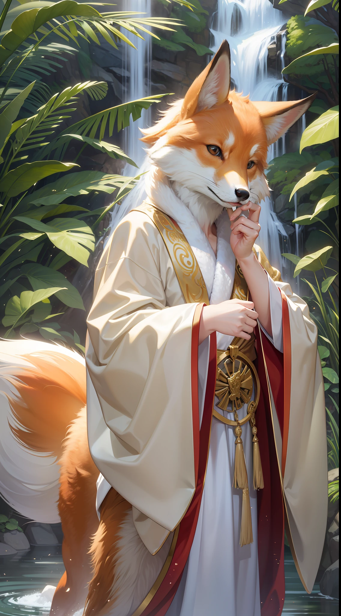 Best picture quality, masterpiece, real world, a fox, wearing a Chinese robe, white robe, intricate gold pattern on the robe, full body portrait, realistic hair, space floating with many peach blossoms, standing in front of the waterfall, water flowing down the waterfall, 24mm wide angle lens, Ricoh XT3, panorama, large depth of field, real photo, contour light, 8k, highest resolution, wallpaper,