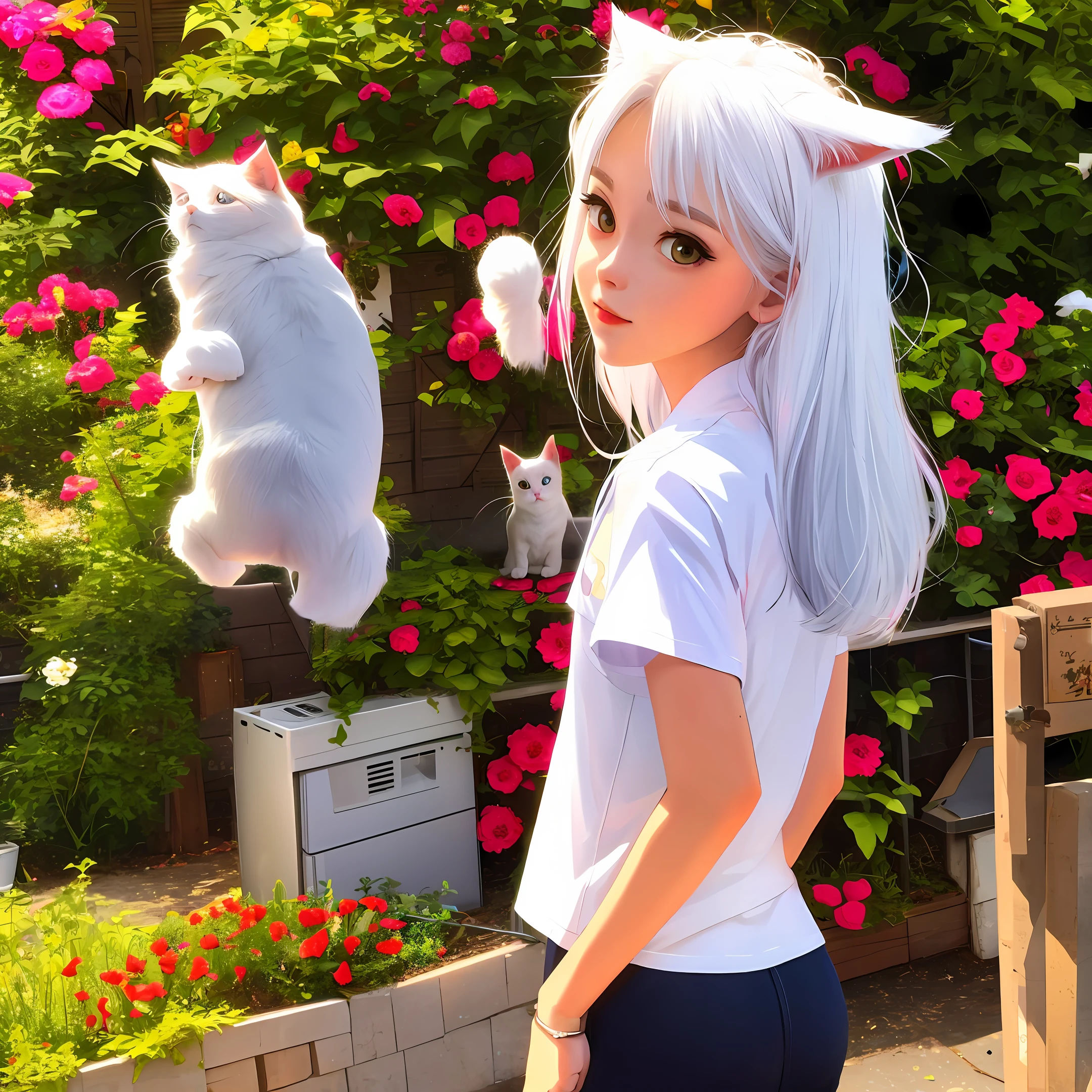 White hair girl anime cat ears short sleeves